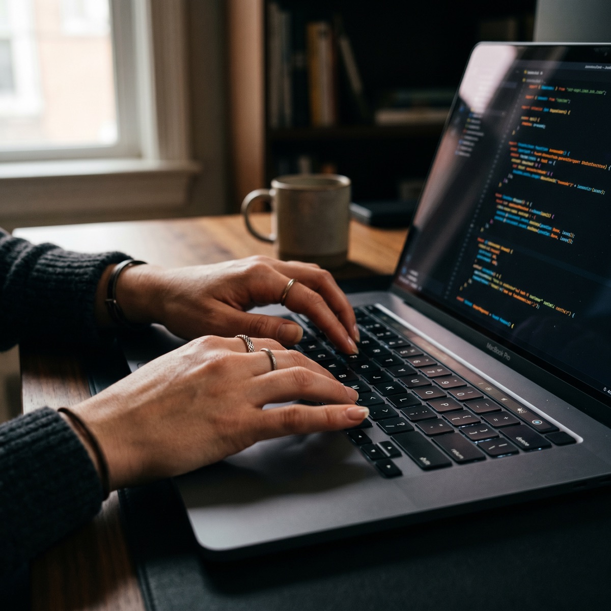Hands typing code on a laptop in natural light