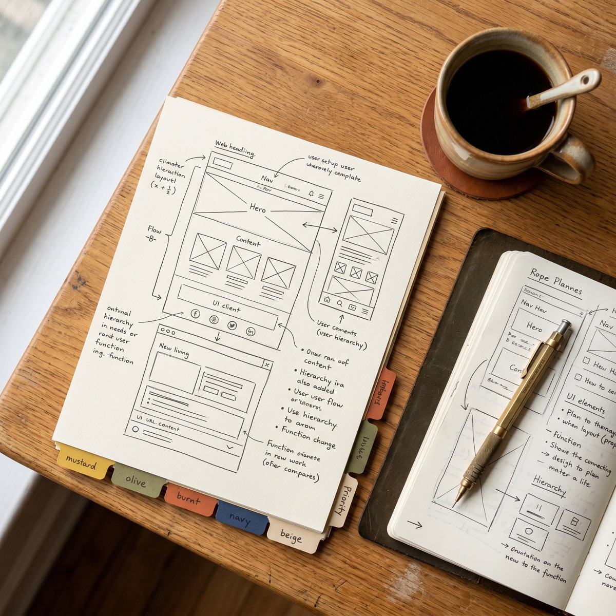 Cartoon Bernese mountain dog mascot thinking at a desk with a blueprint