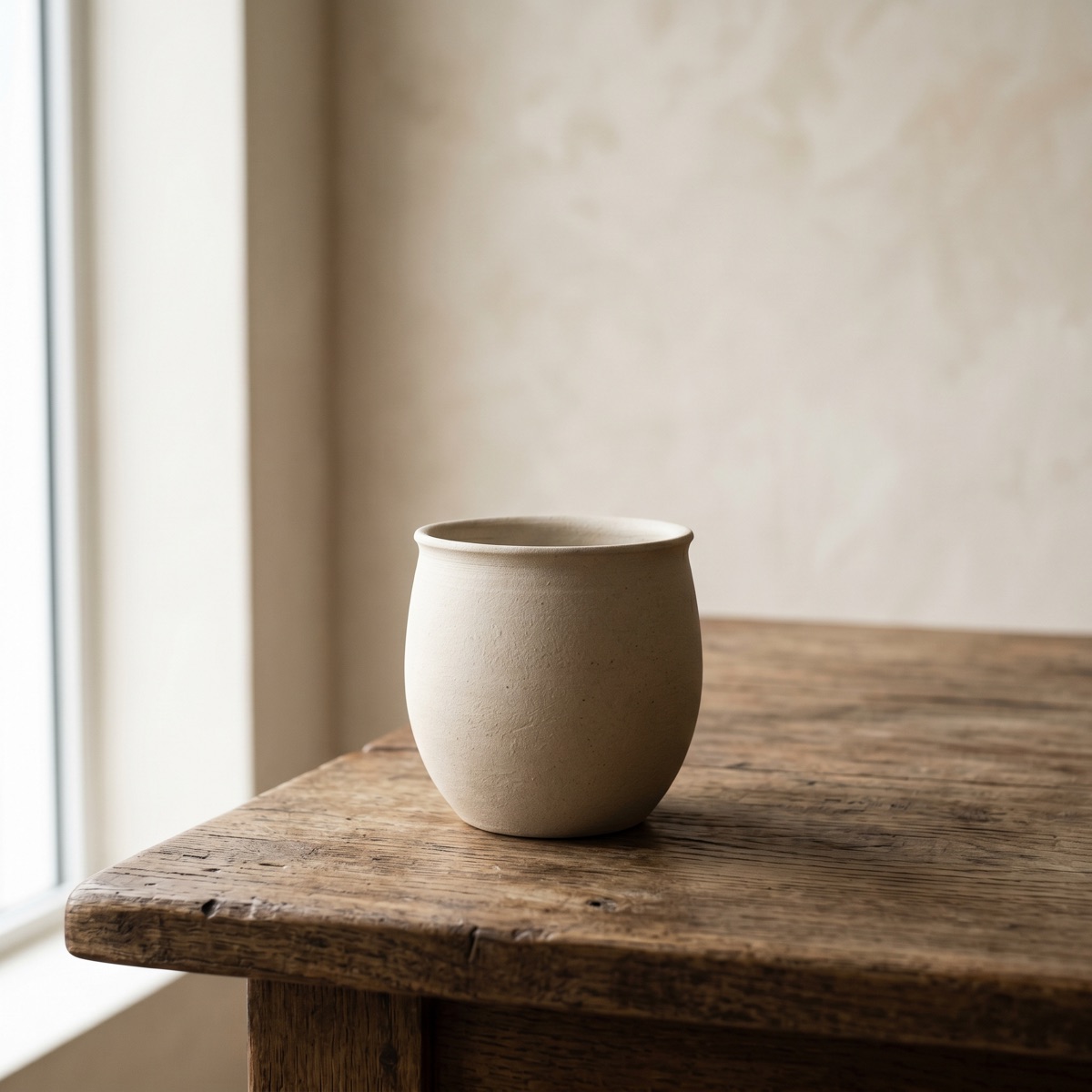 Minimalist ceramic vessel on a wooden table