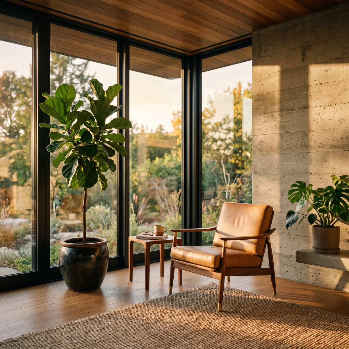 Modern interior corner at golden hour