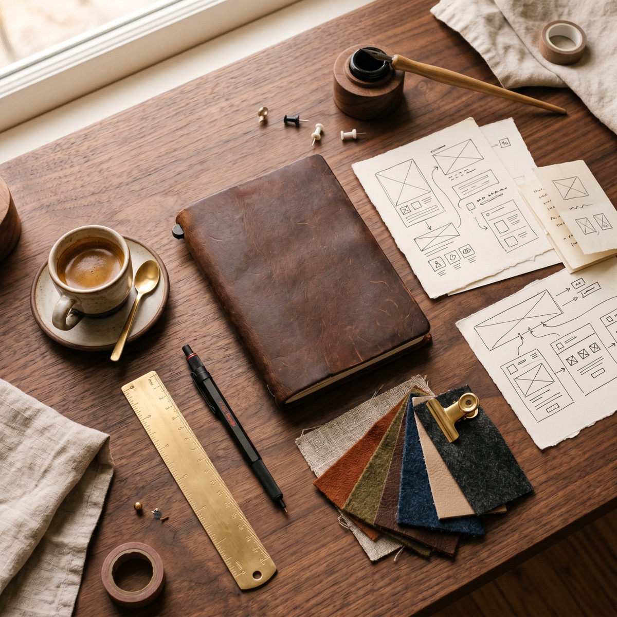 Designer workspace flatlay with notebook and color swatches