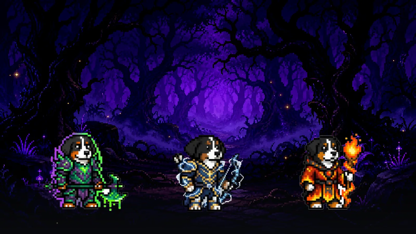 Three Berner Crawl heroes in poison, stun, and burn build armour on a forest backdrop