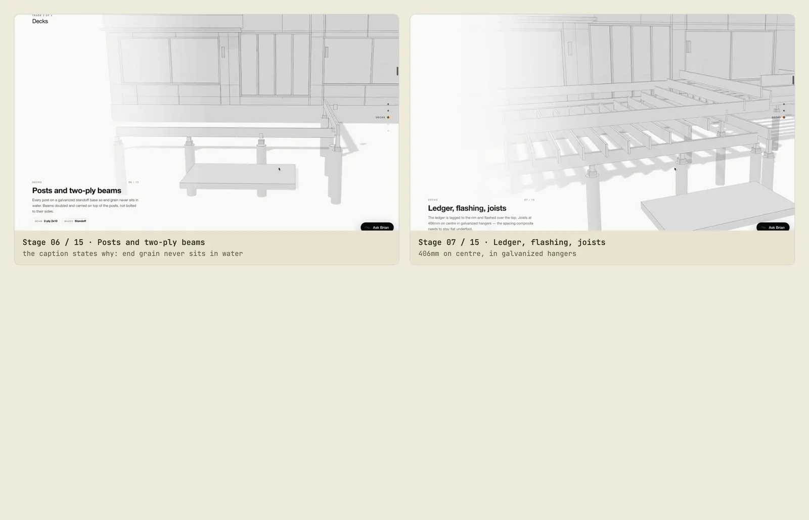 Two frames from the build journey showing stage captions naming the beam type and joist spacing