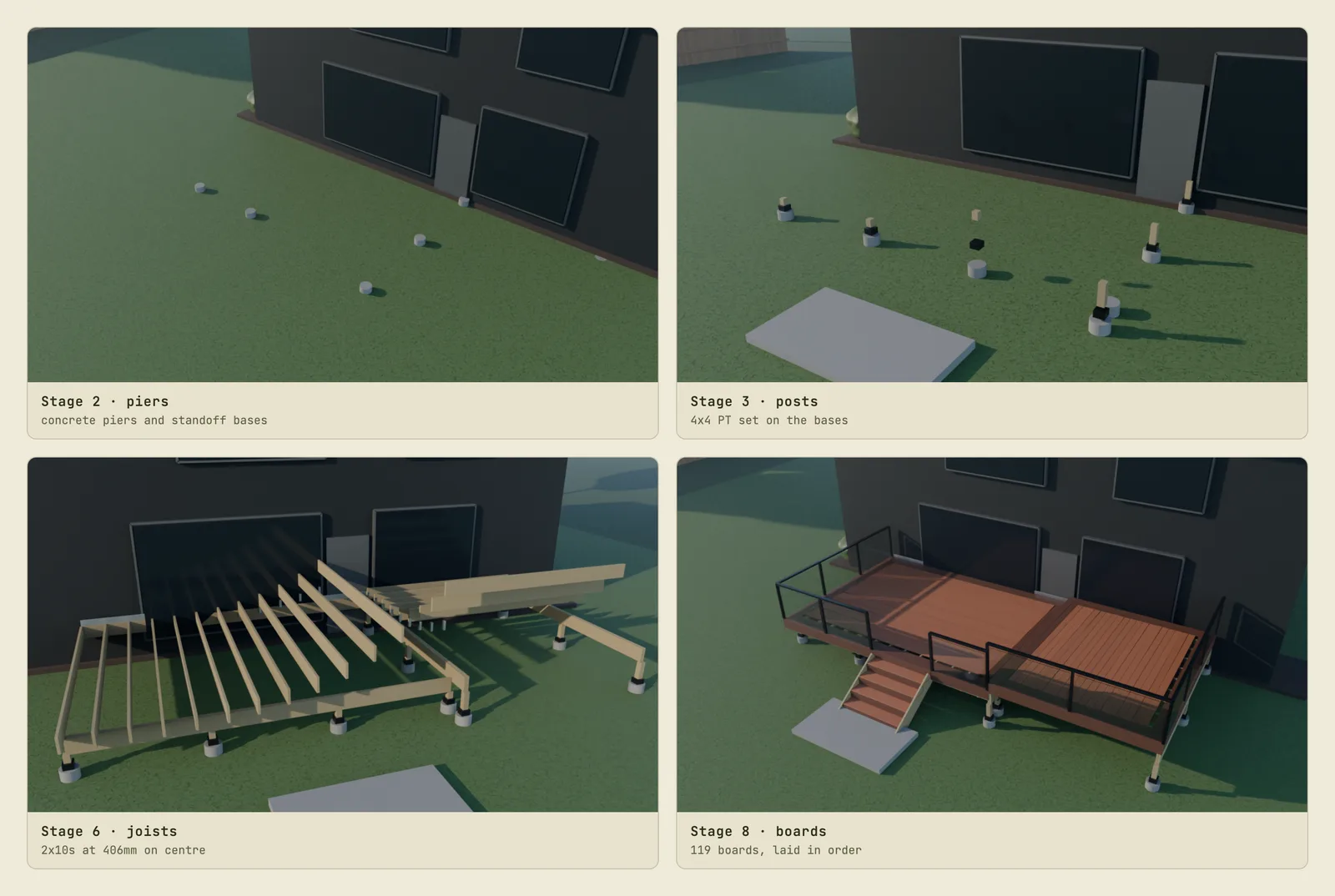 Four frames from the Blender rebuild showing piers, posts, joists and boards