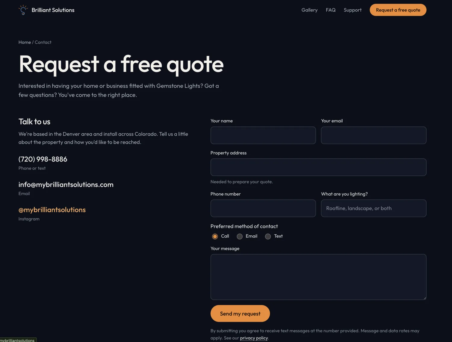 The quote request page, with the form beside the phone number and email.