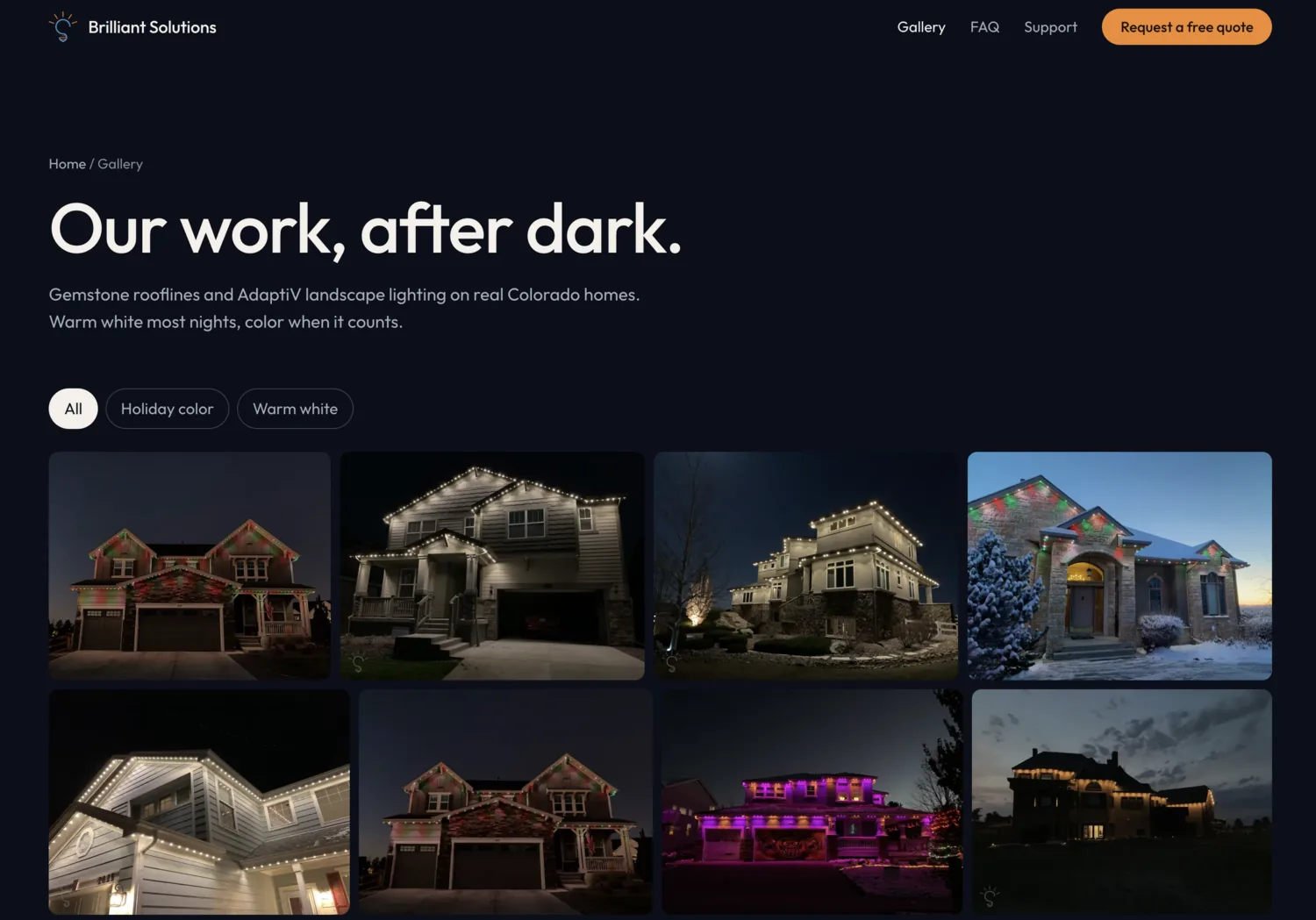 The gallery page: 136 photographs behind a holiday-colour and warm-white filter.