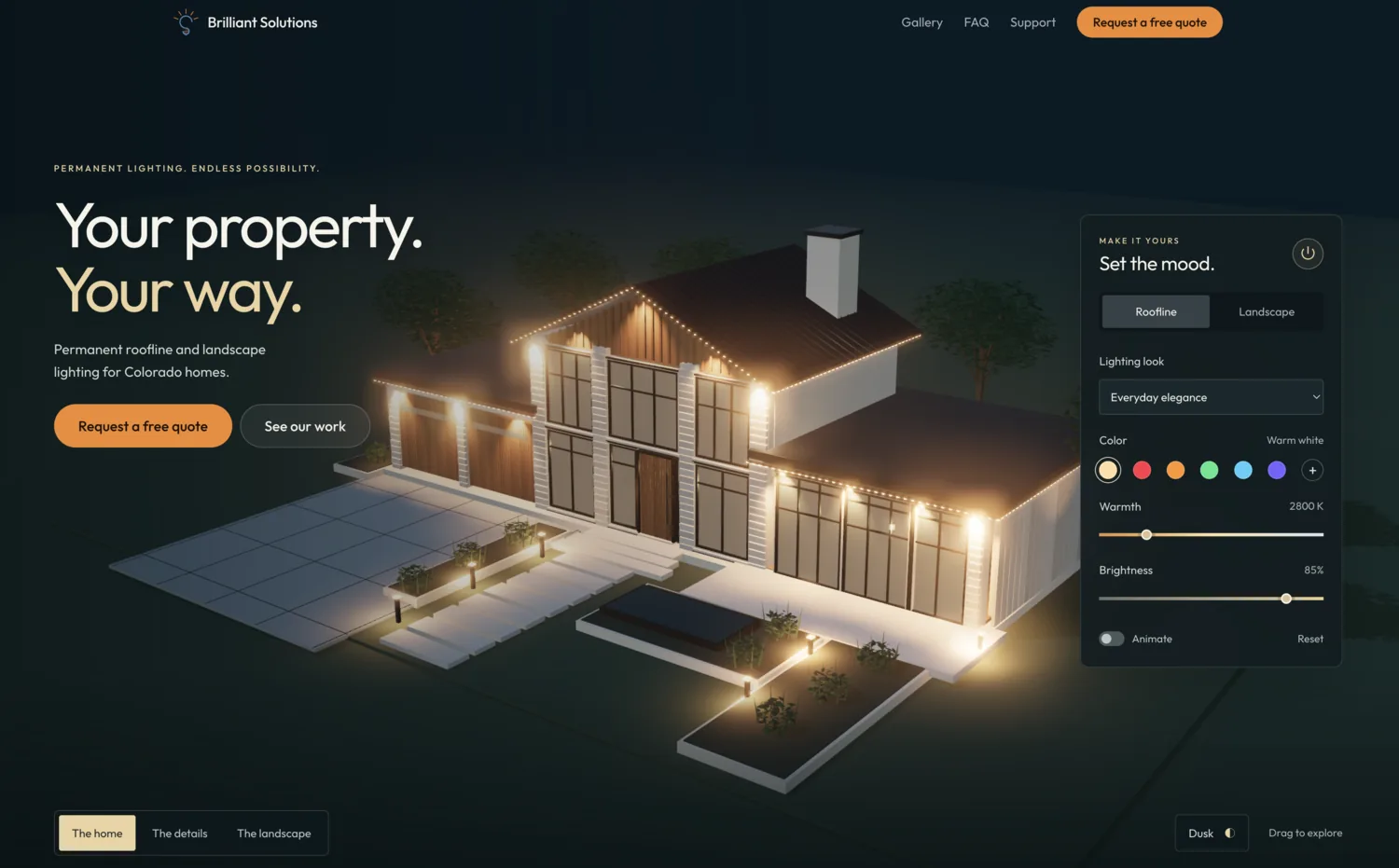 The homepage hero — a Three.js house lit warm white, with the panel that recolours it alongside.