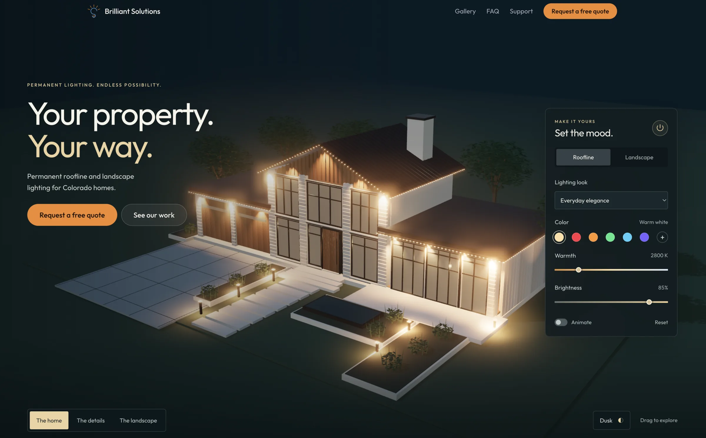 The homepage hero — a Three.js house lit warm white, with the panel that recolours it alongside.