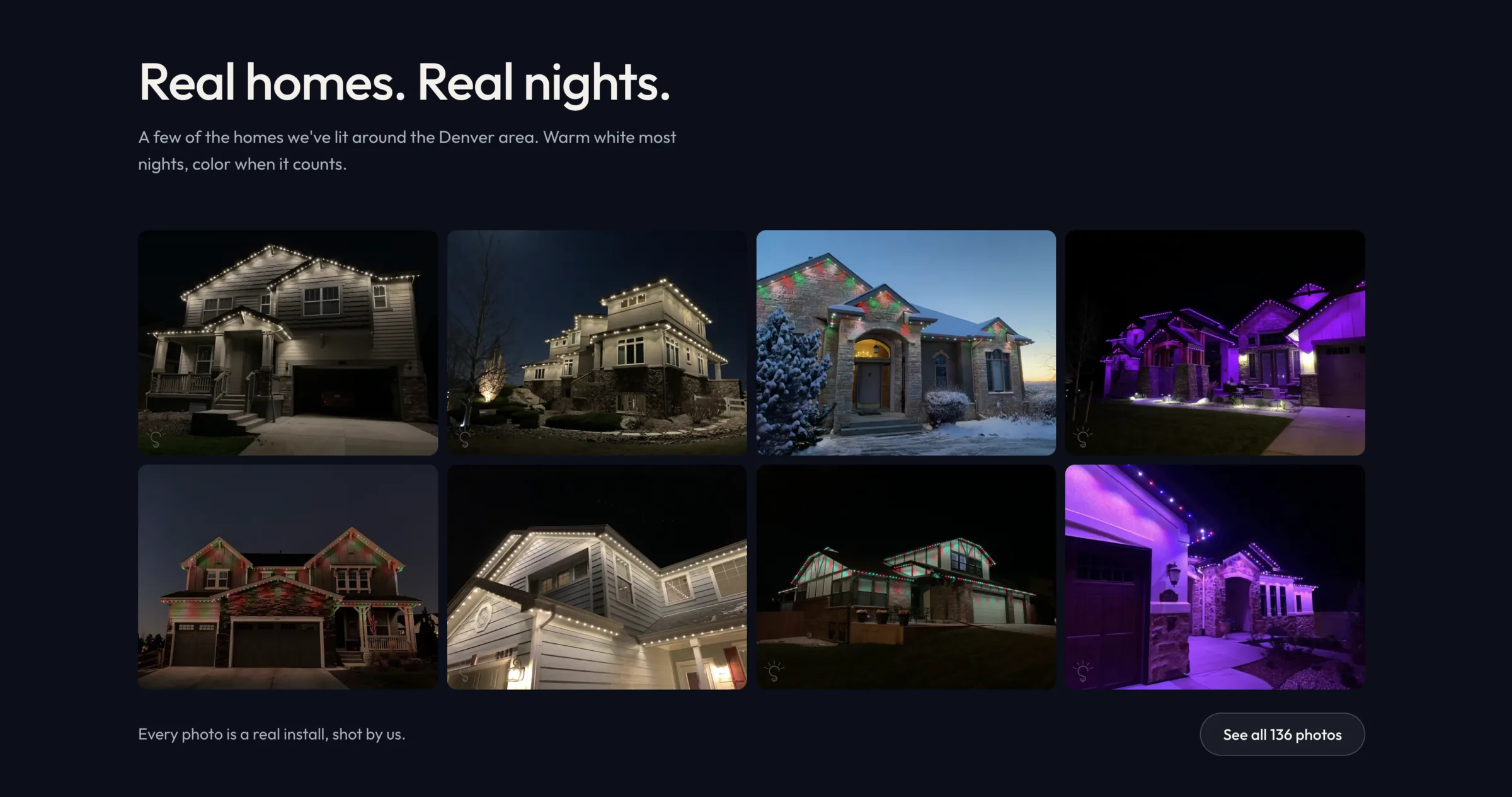 “Real homes. Real nights.” — eight of the company's own installations on the homepage.