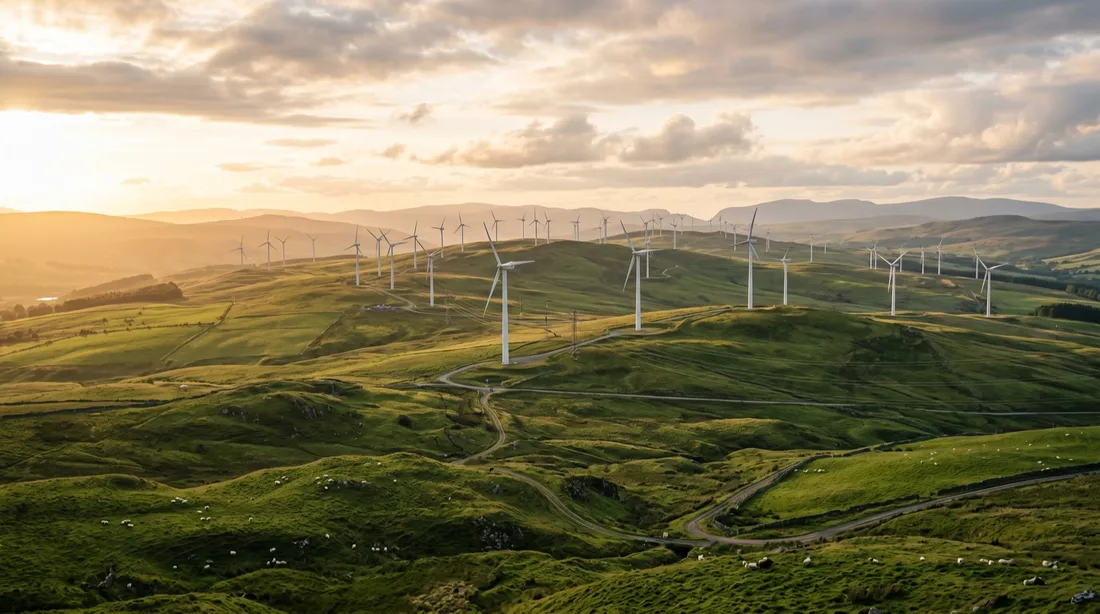 Wind turbines across rolling terrain