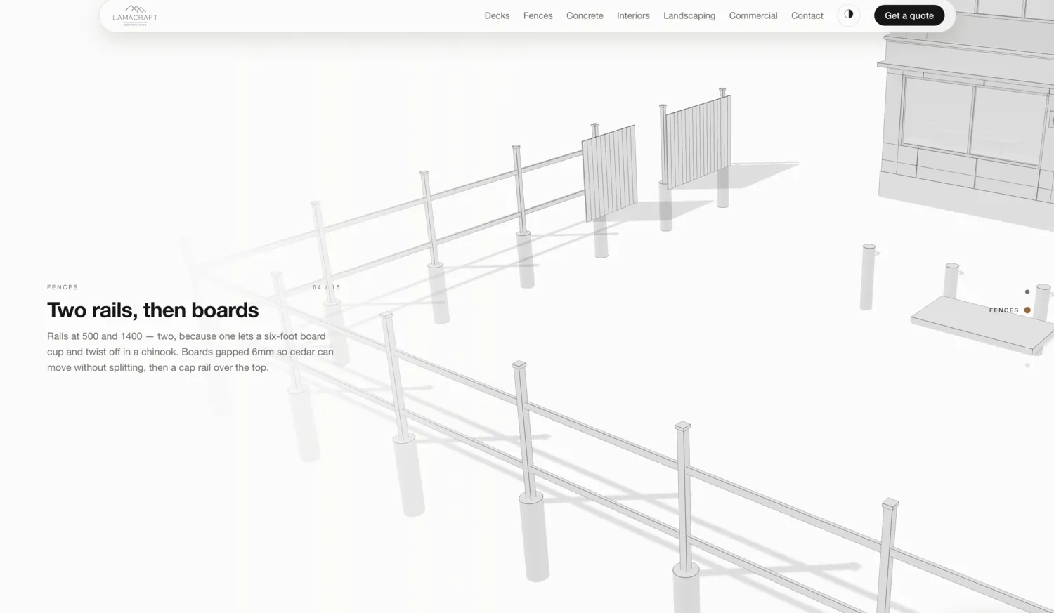 The fences build drawing mid-scroll, at the stage where rails go on before boards.