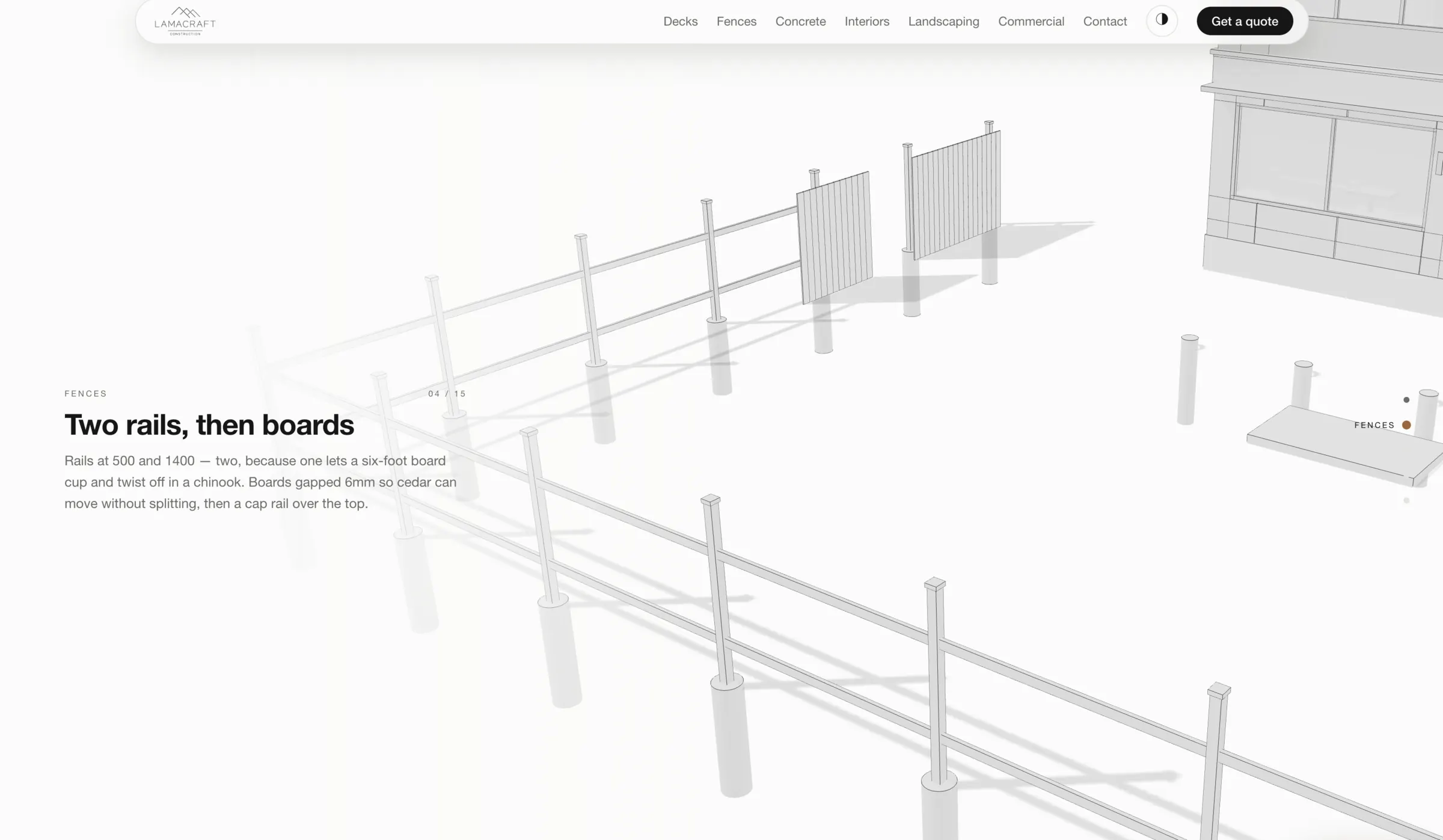 The fences build drawing mid-scroll, at the stage where rails go on before boards.