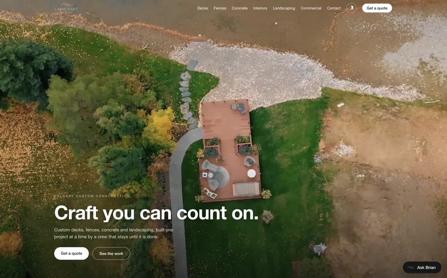 Lamacraft homepage — a drone frame of a finished riverside deck under the line “Craft you can count on.”
