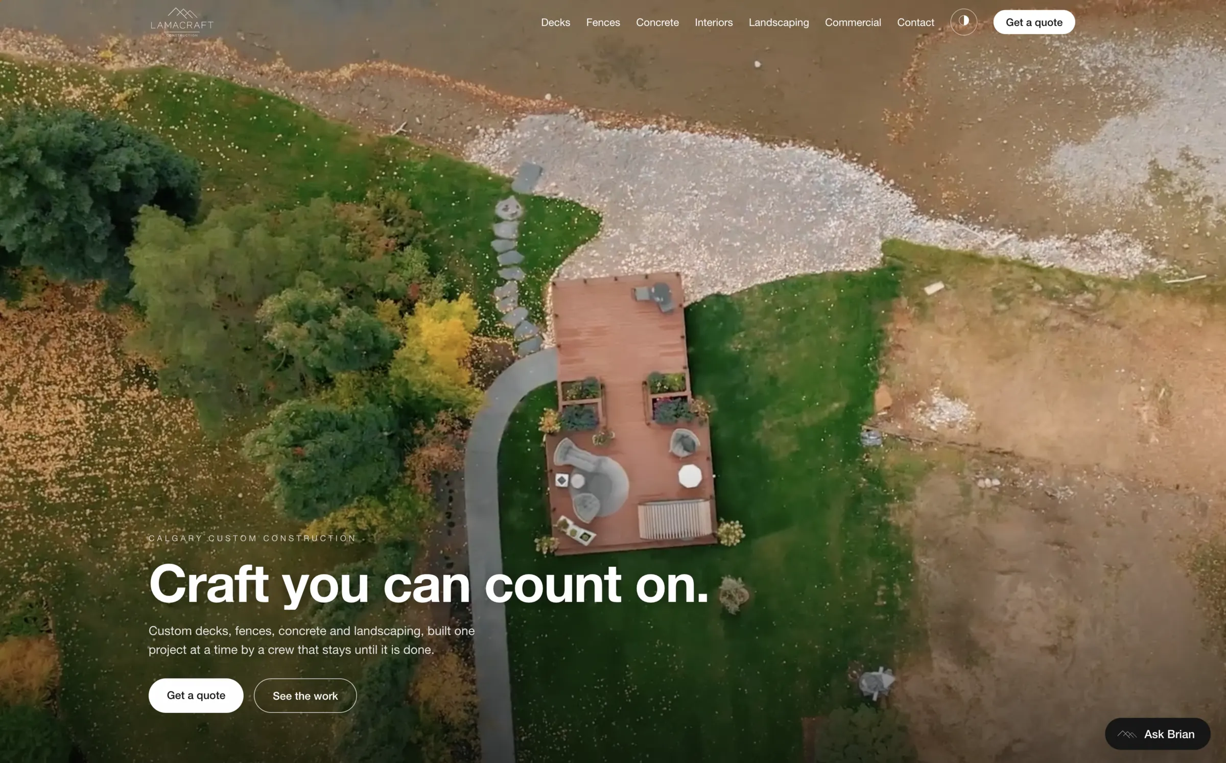 Lamacraft homepage — a drone frame of a finished riverside deck under the line “Craft you can count on.”
