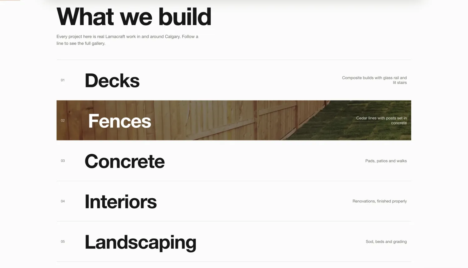 The services index on the homepage, with the Fences row filled by a photograph on hover.