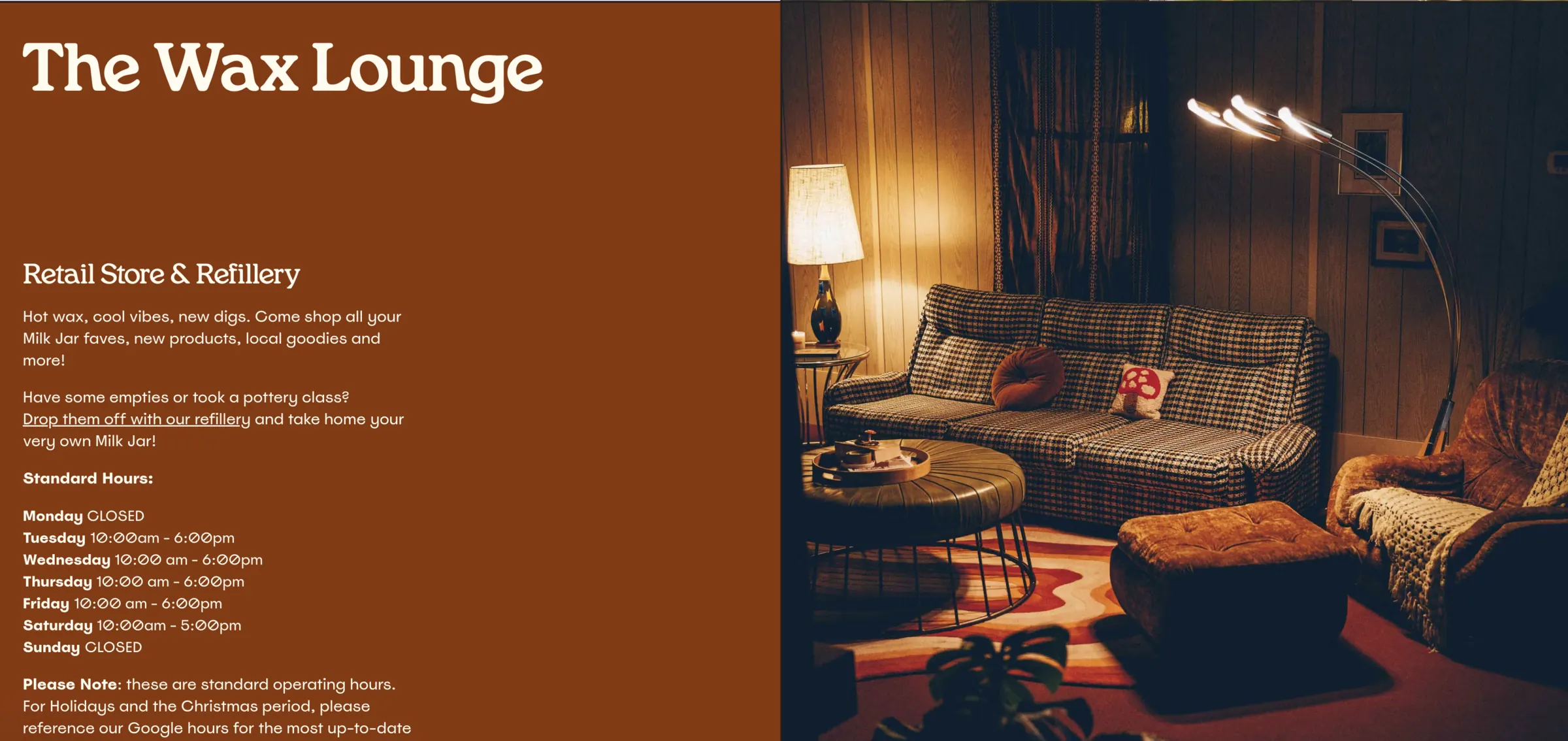 The Wax Lounge — Milk Jar’s Calgary retail store and refillery, with its opening hours.