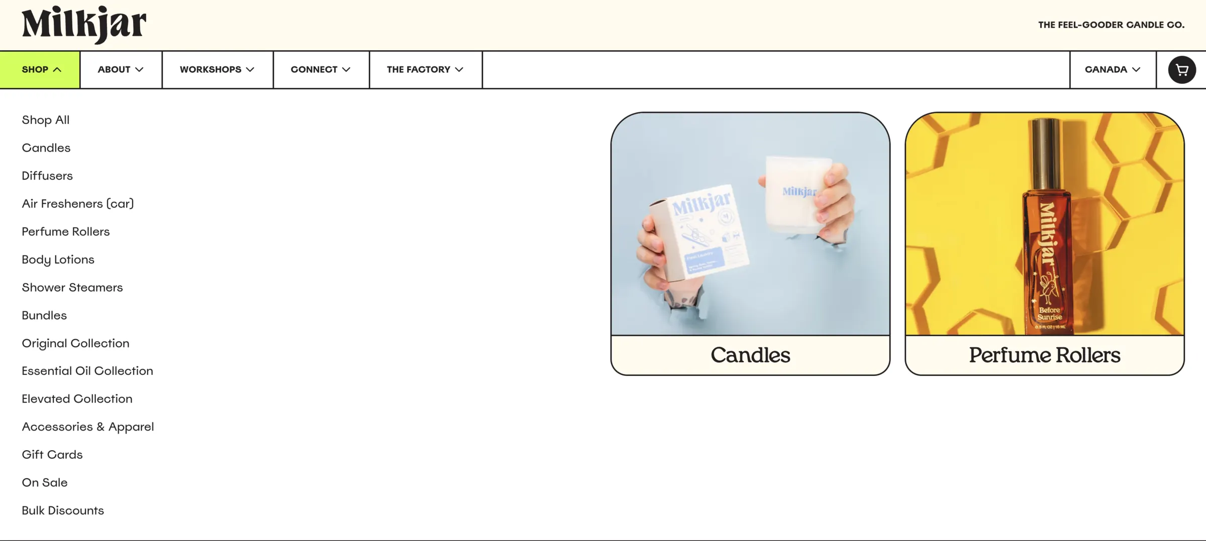 The shop menu open across every category — candles, diffusers, air fresheners, perfume rollers and more.