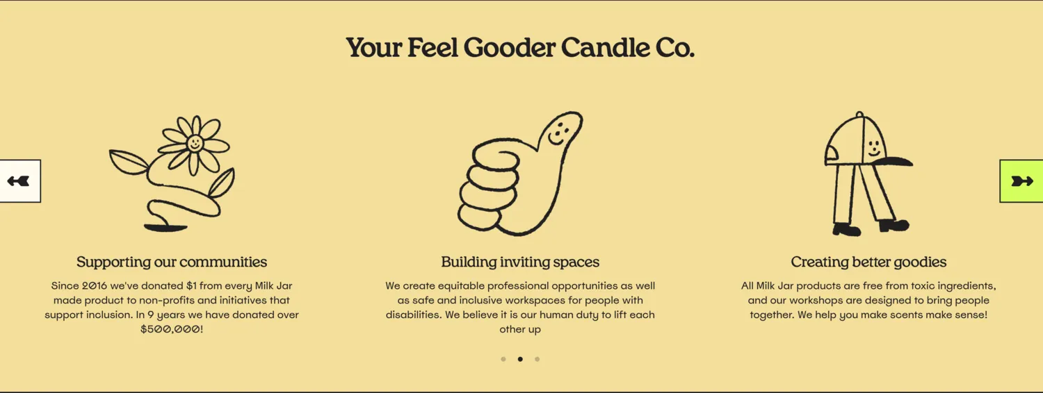 “Your Feel Gooder Candle Co.” — the three brand pillars: supporting communities, building inviting spaces, creating better goodies.