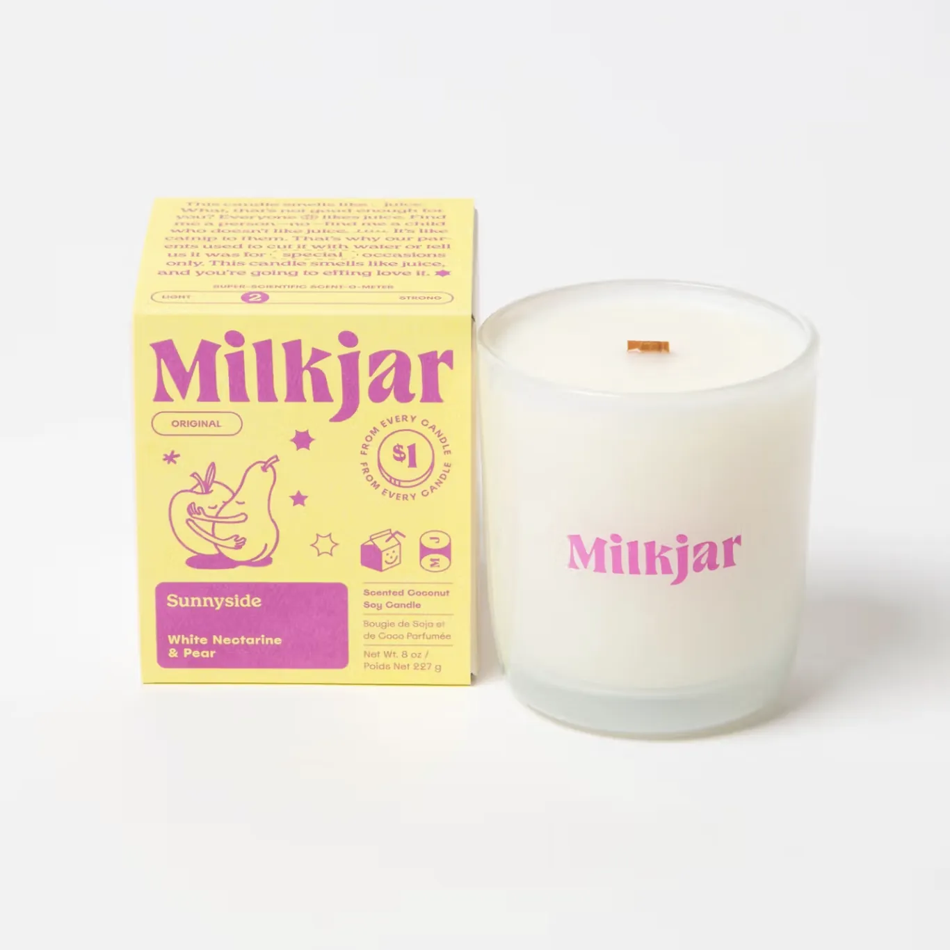 The Sunnyside 8 oz candle beside its printed carton.