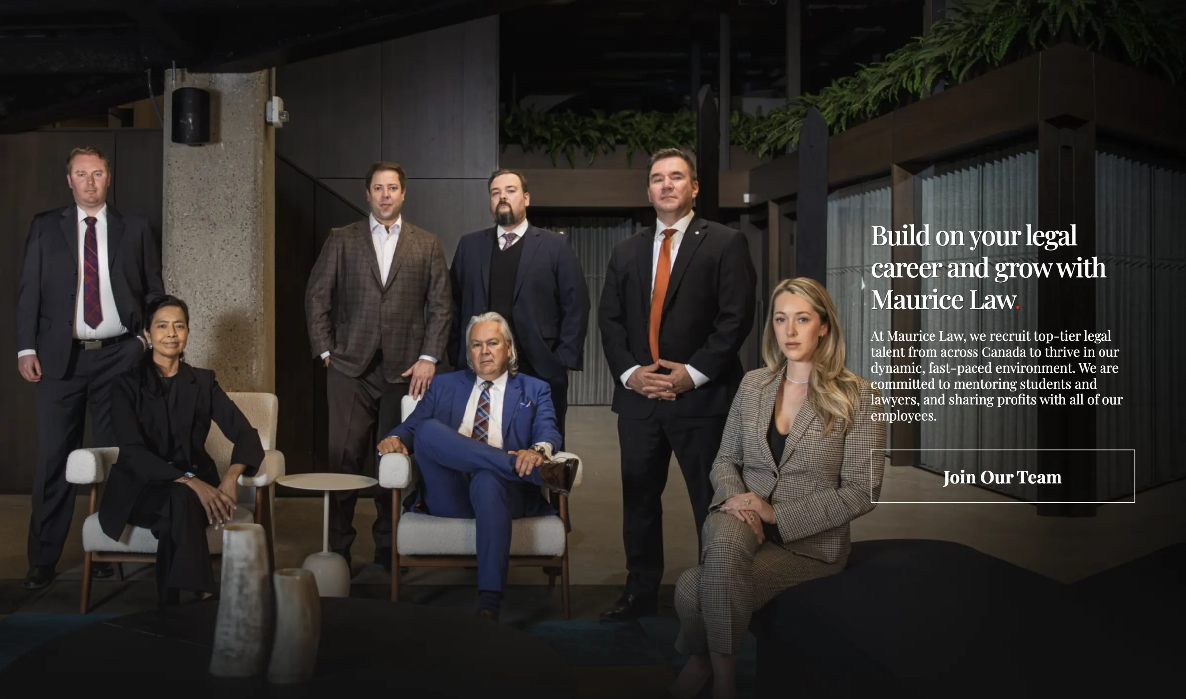 The full firm photographed together, beside an invitation to build a legal career at Maurice Law.