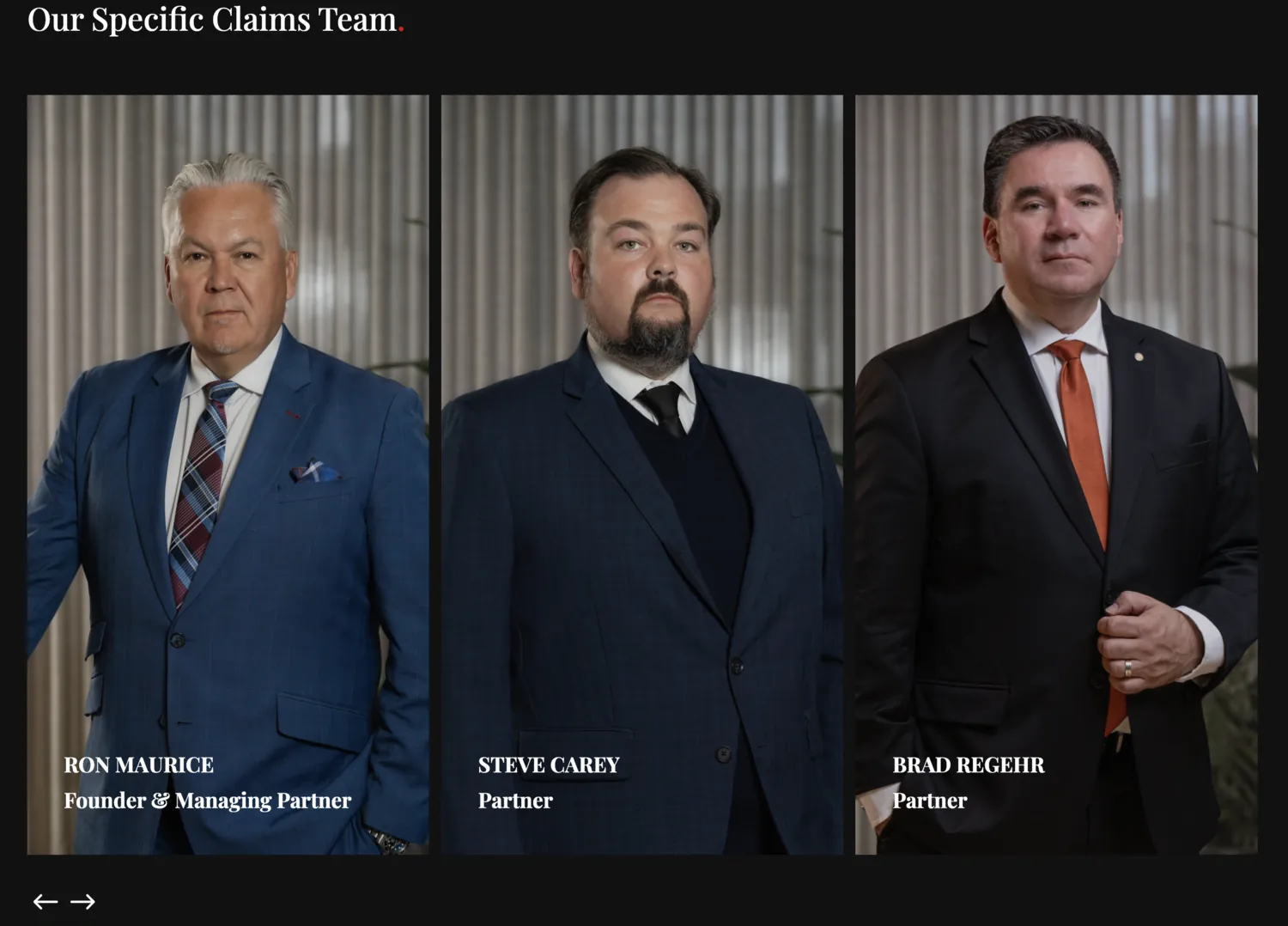 The Specific Claims team as full-height portraits: Ron Maurice, Steve Carey and Brad Regehr.