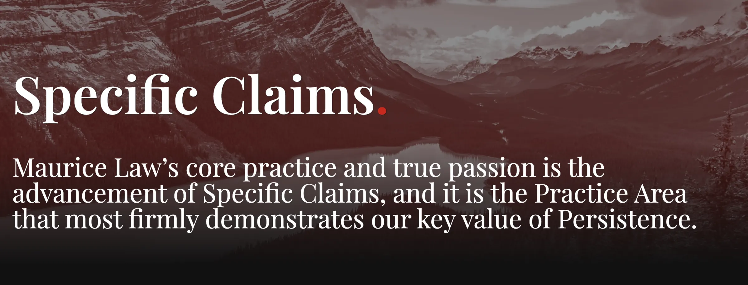 The Specific Claims practice page opening over a mountain range in red duotone.