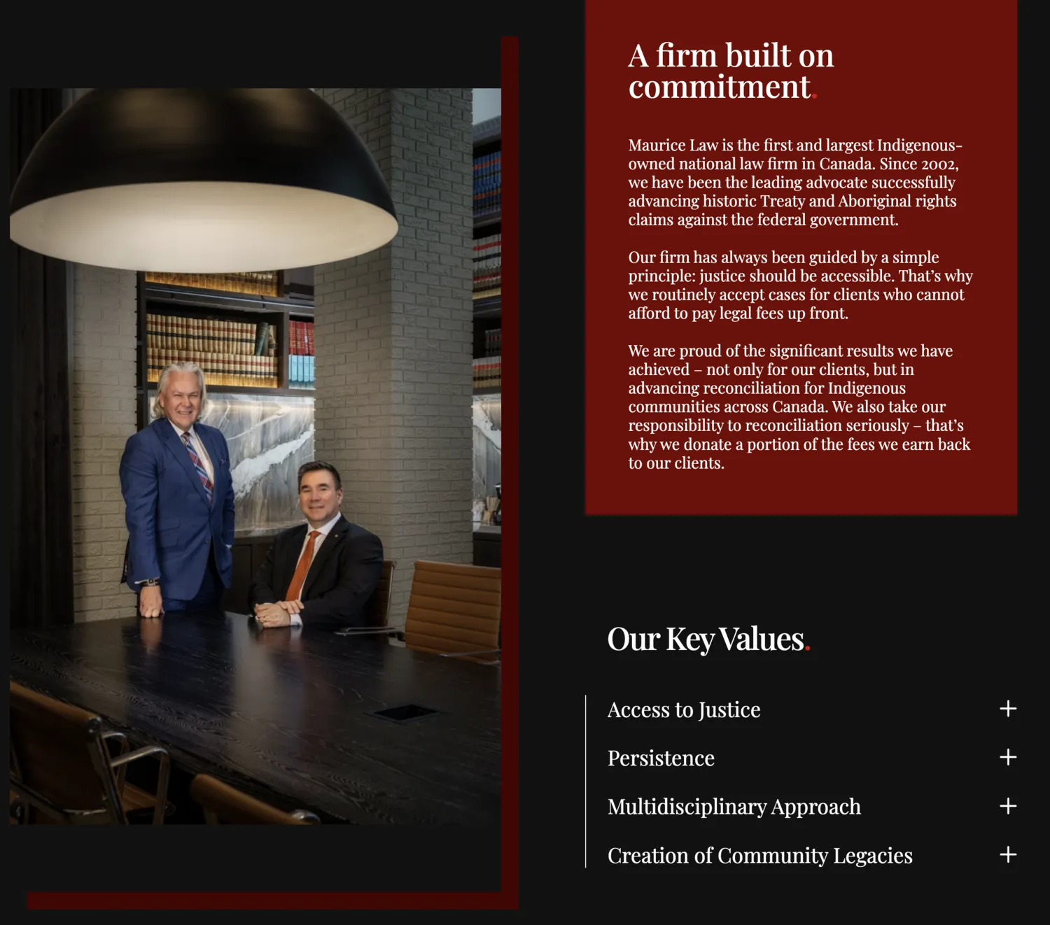 “A firm built on commitment” set in red beside a portrait of the partners, with the key values listed below.