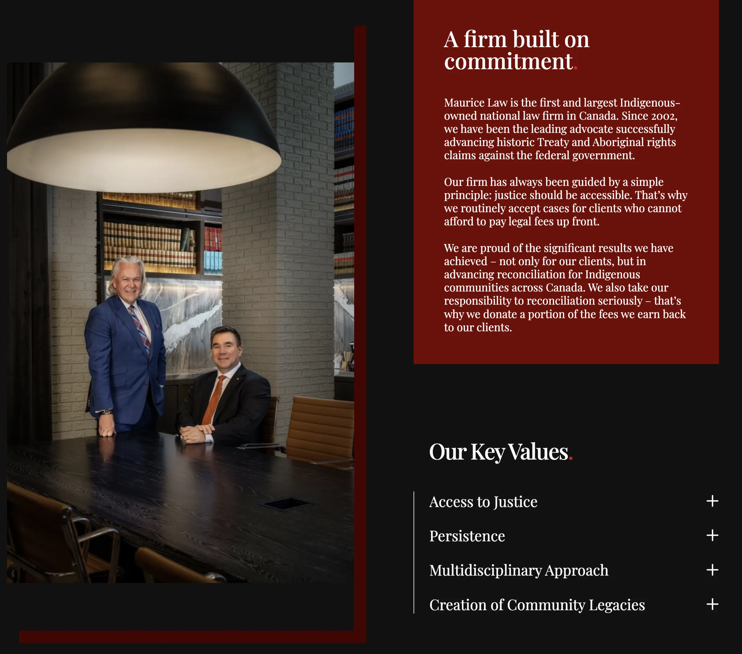 “A firm built on commitment” set in red beside a portrait of the partners, with the key values listed below.