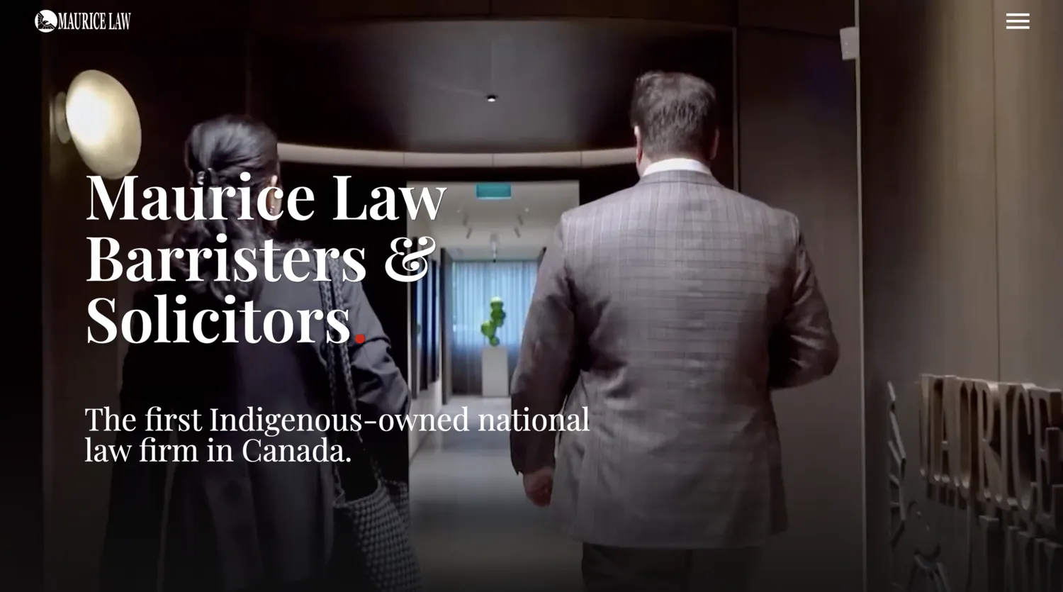 The Maurice Law homepage — “Barristers & Solicitors” over the firm’s own signage, above the line “the first Indigenous-owned national law firm in Canada.”
