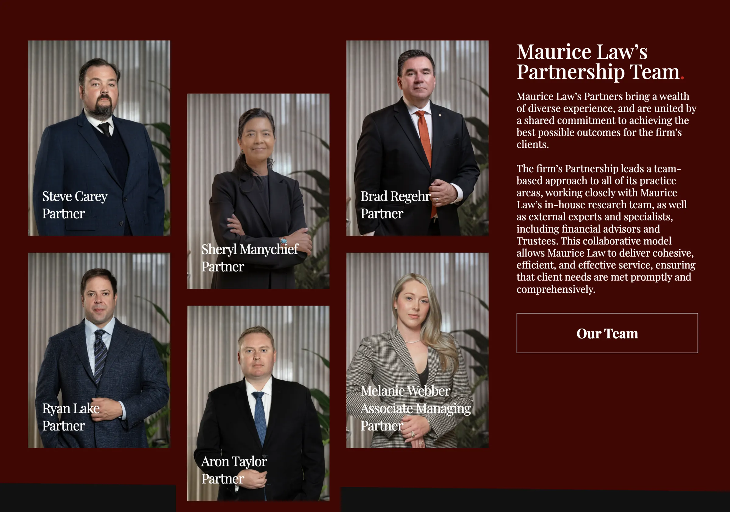 The partnership team laid out as a portrait grid on the firm’s red field.