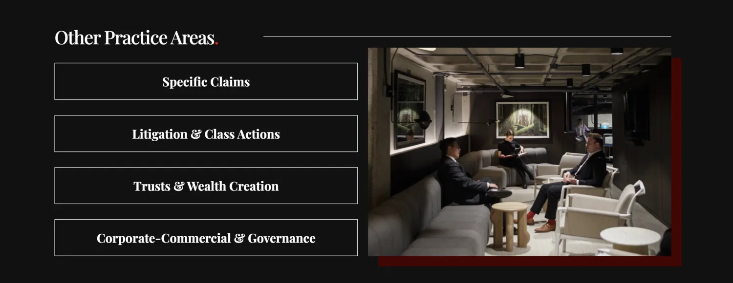Other Practice Areas — litigation, trusts and corporate-commercial, listed beside an interior of the office.