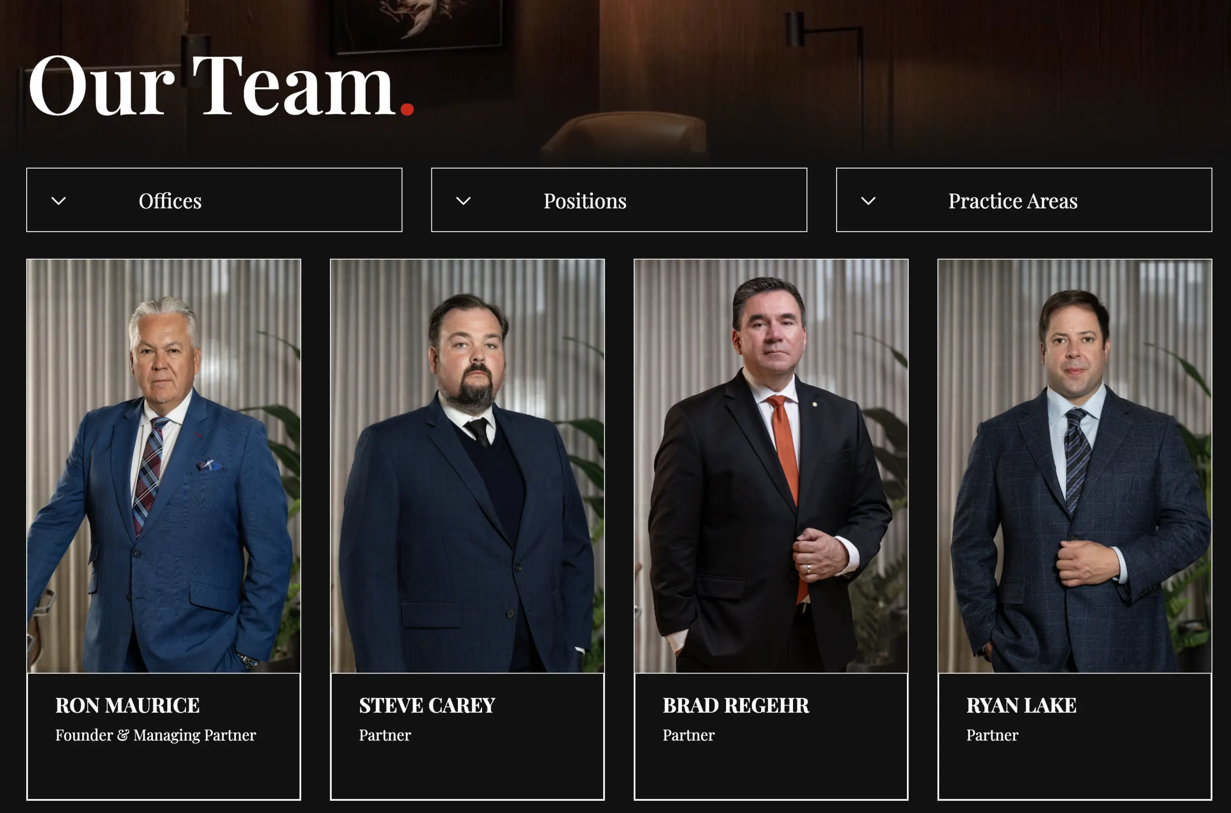 The team directory, filterable by office, position and practice area.