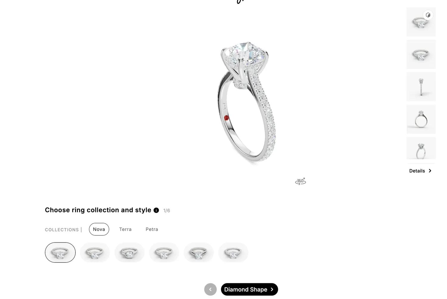 The ring designer with a Nova setting on screen and the collection and style row beneath it.