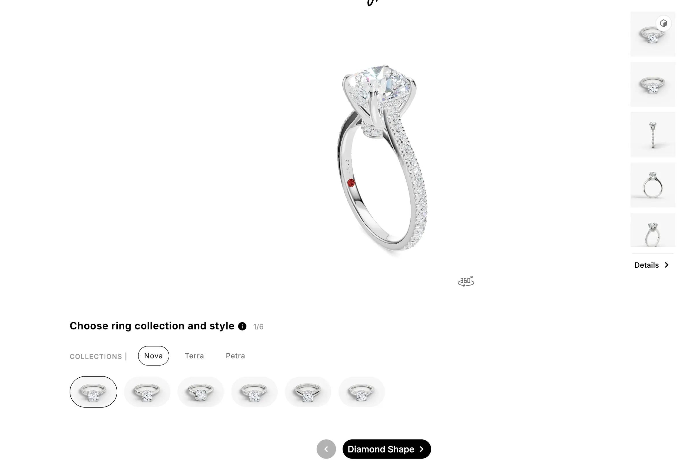 The ring designer with a Nova setting on screen and the collection and style row beneath it.