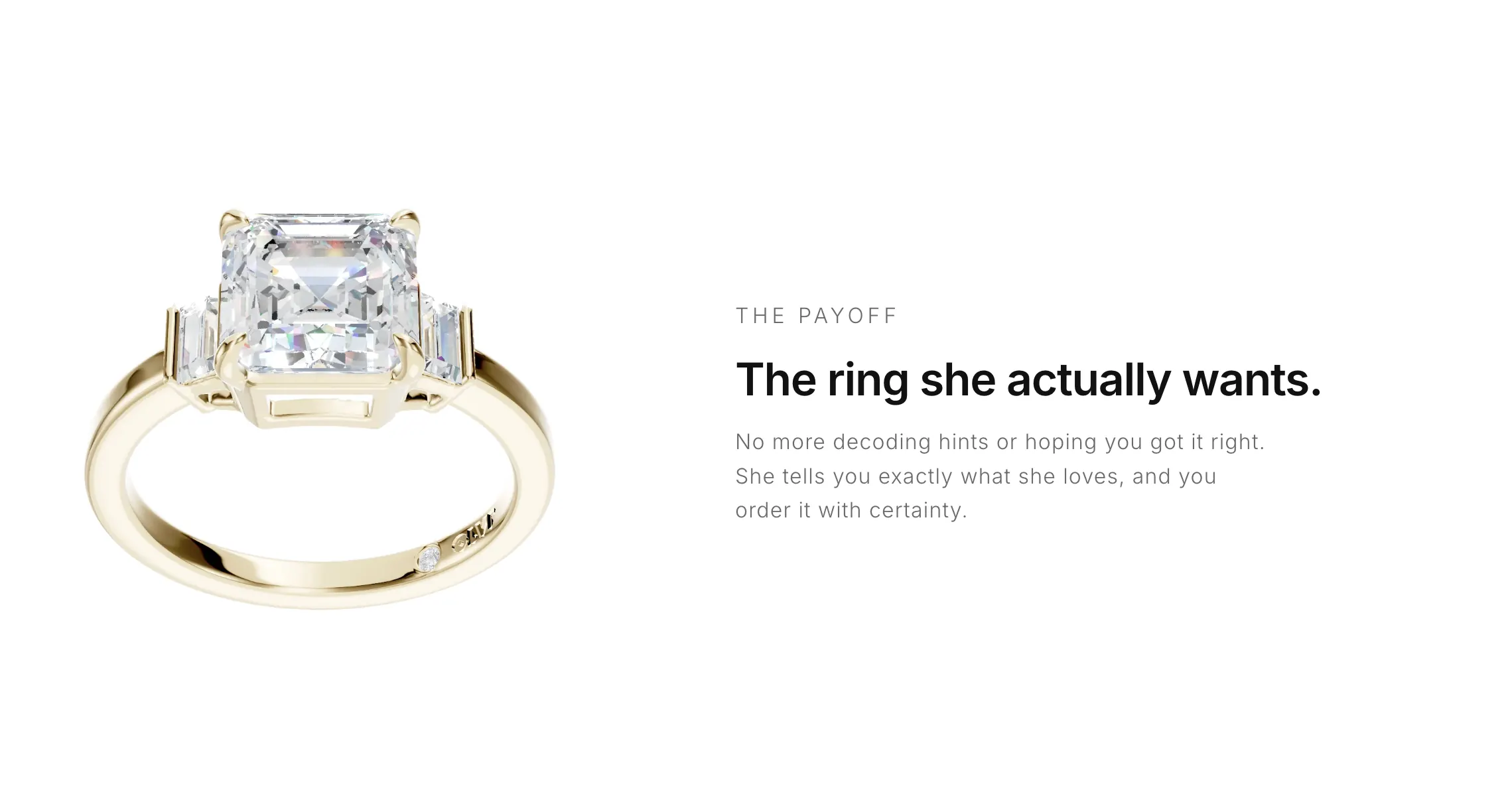 “The ring she actually wants” — the payoff block closing the find-out-what-she-wants page.