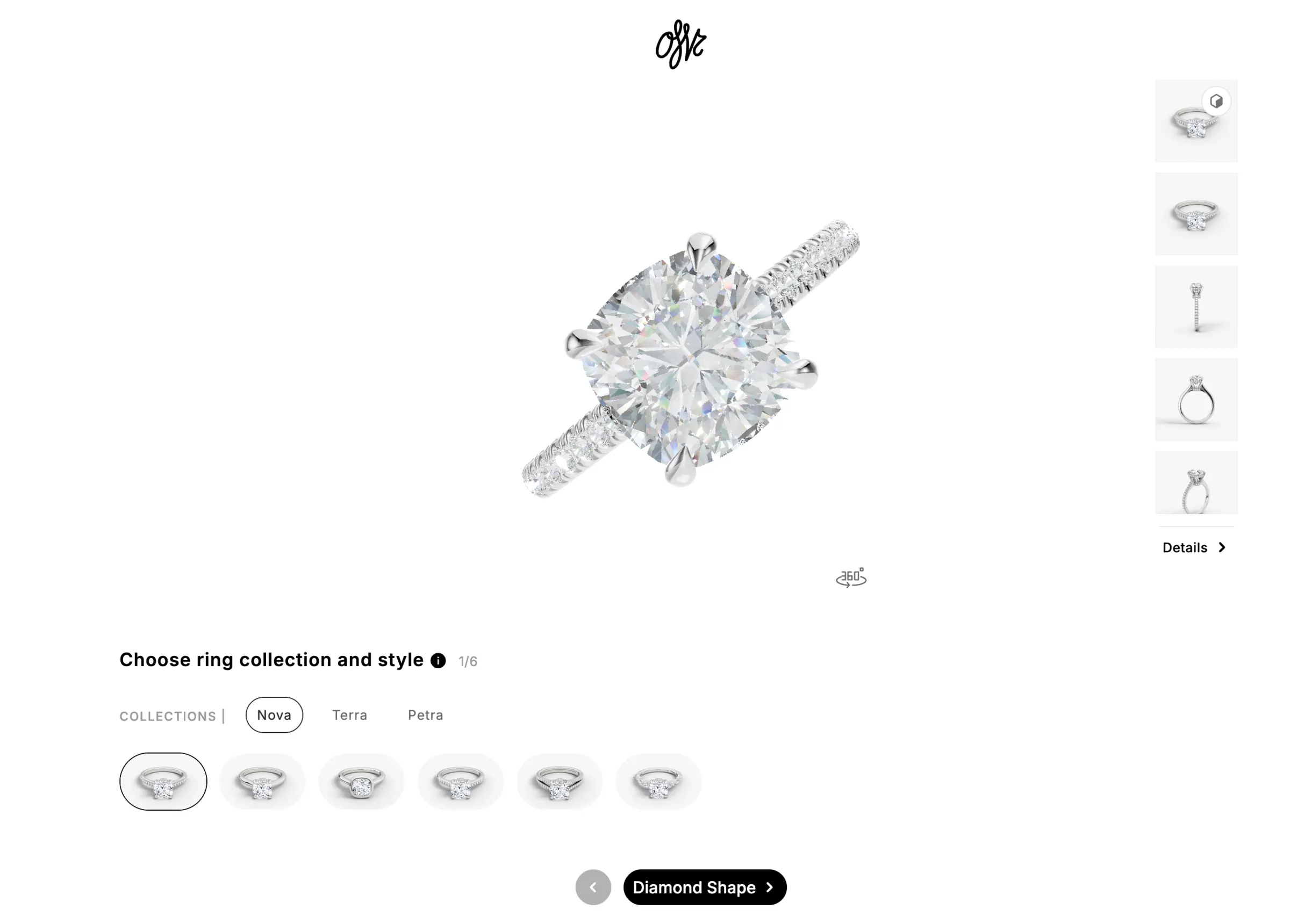 The same designer with the stone changed — the render updates with the choice, not after it.