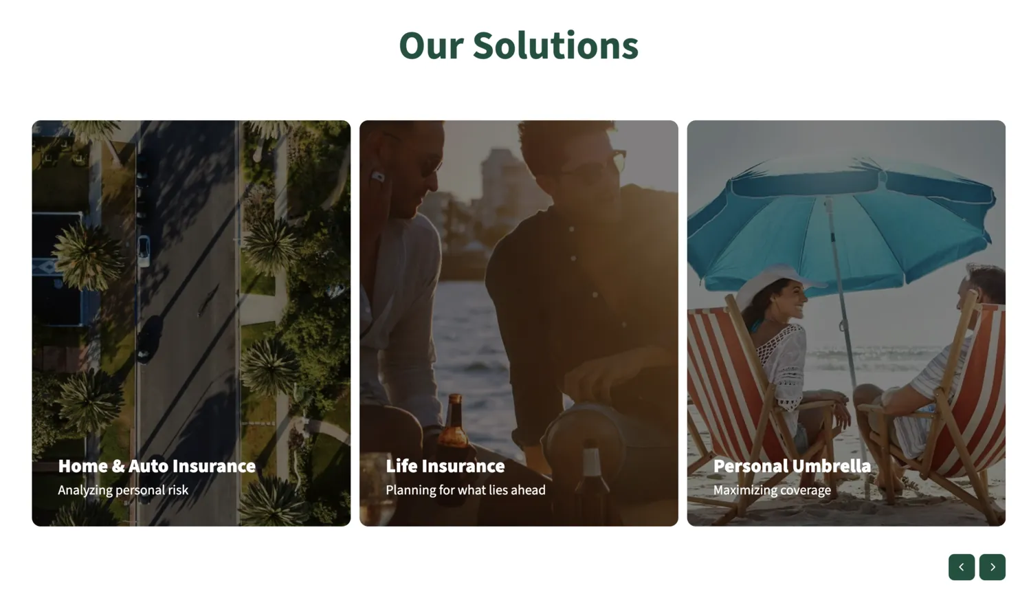 The solutions carousel on the personal side: home and auto, life, personal umbrella.