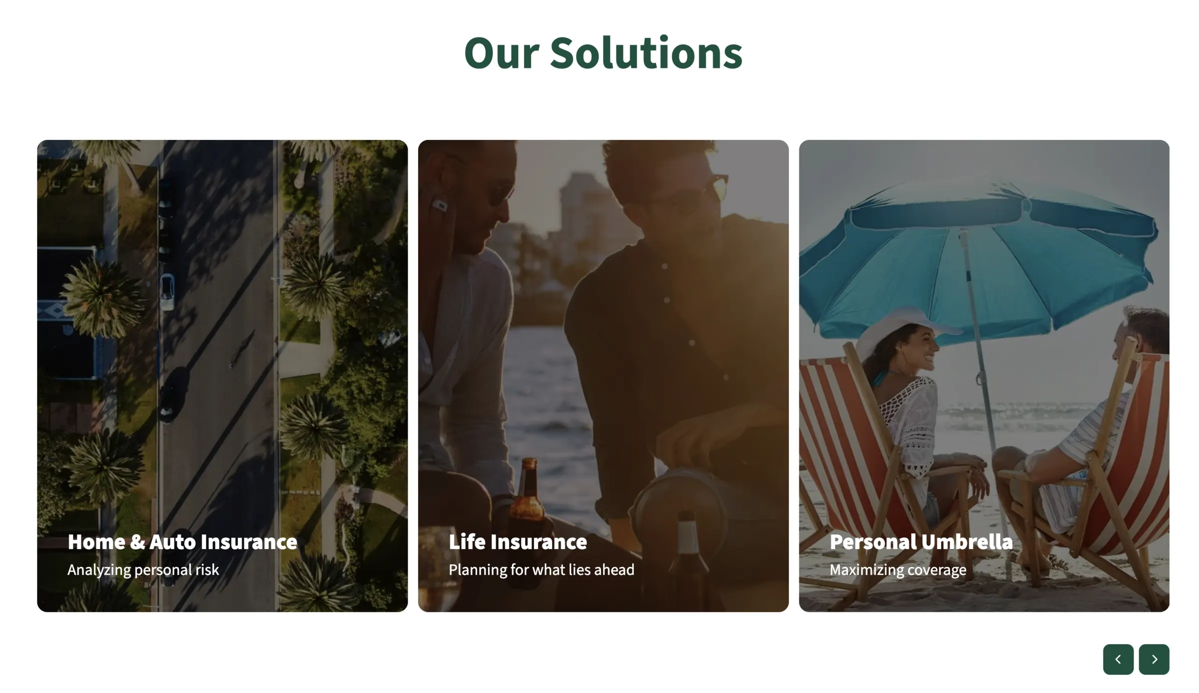 The solutions carousel on the personal side: home and auto, life, personal umbrella.