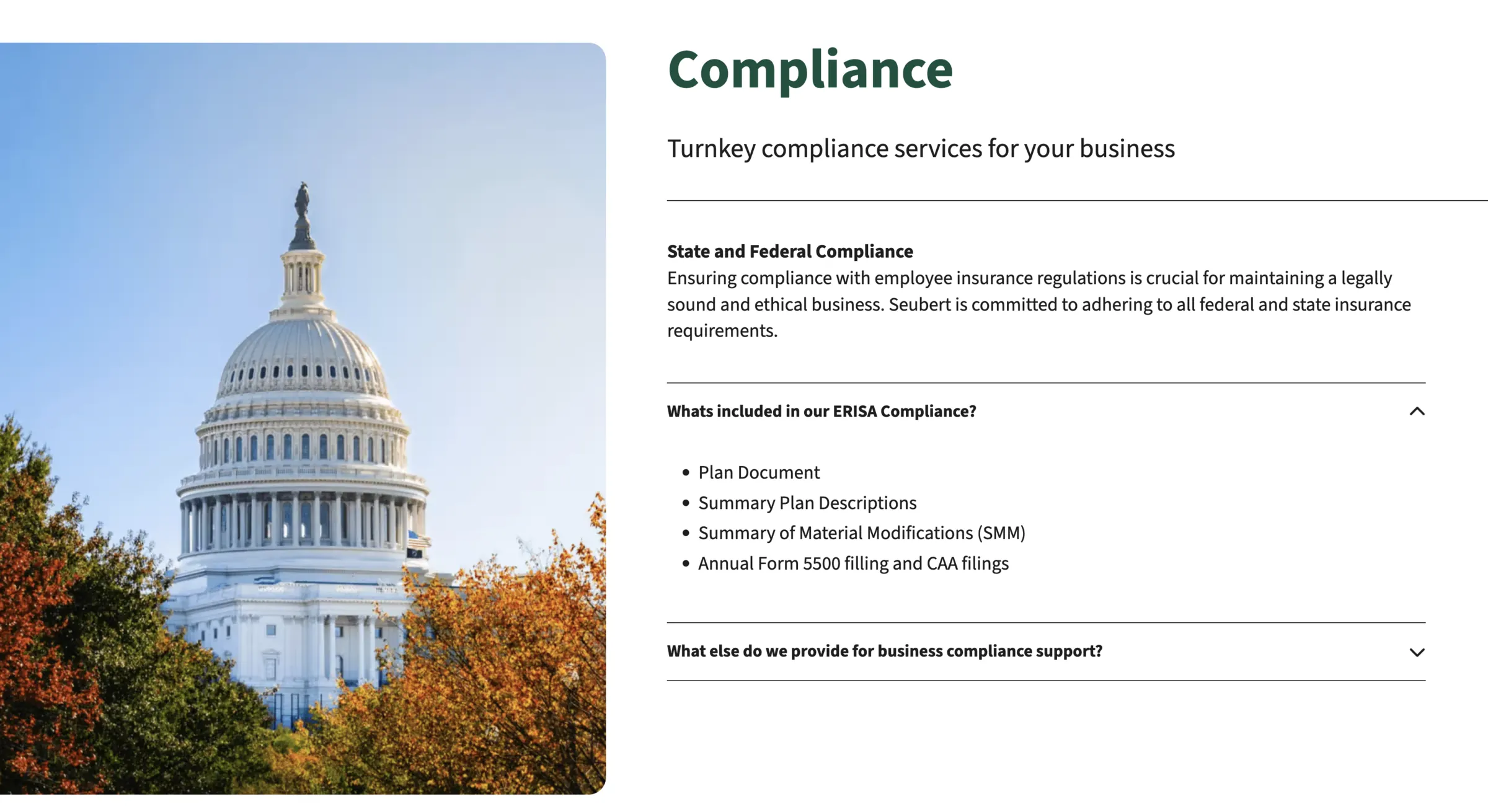 The compliance page — turnkey compliance services, with ERISA detail behind an accordion.