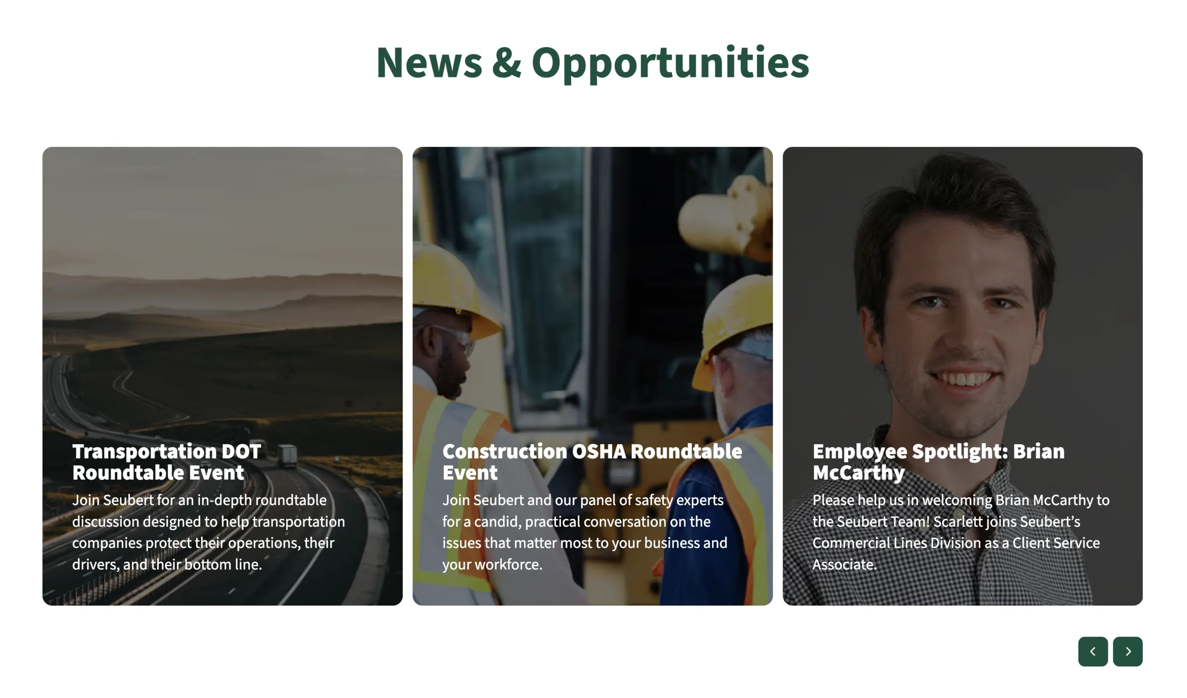 News & Opportunities — roundtable events and an employee spotlight in a card carousel.