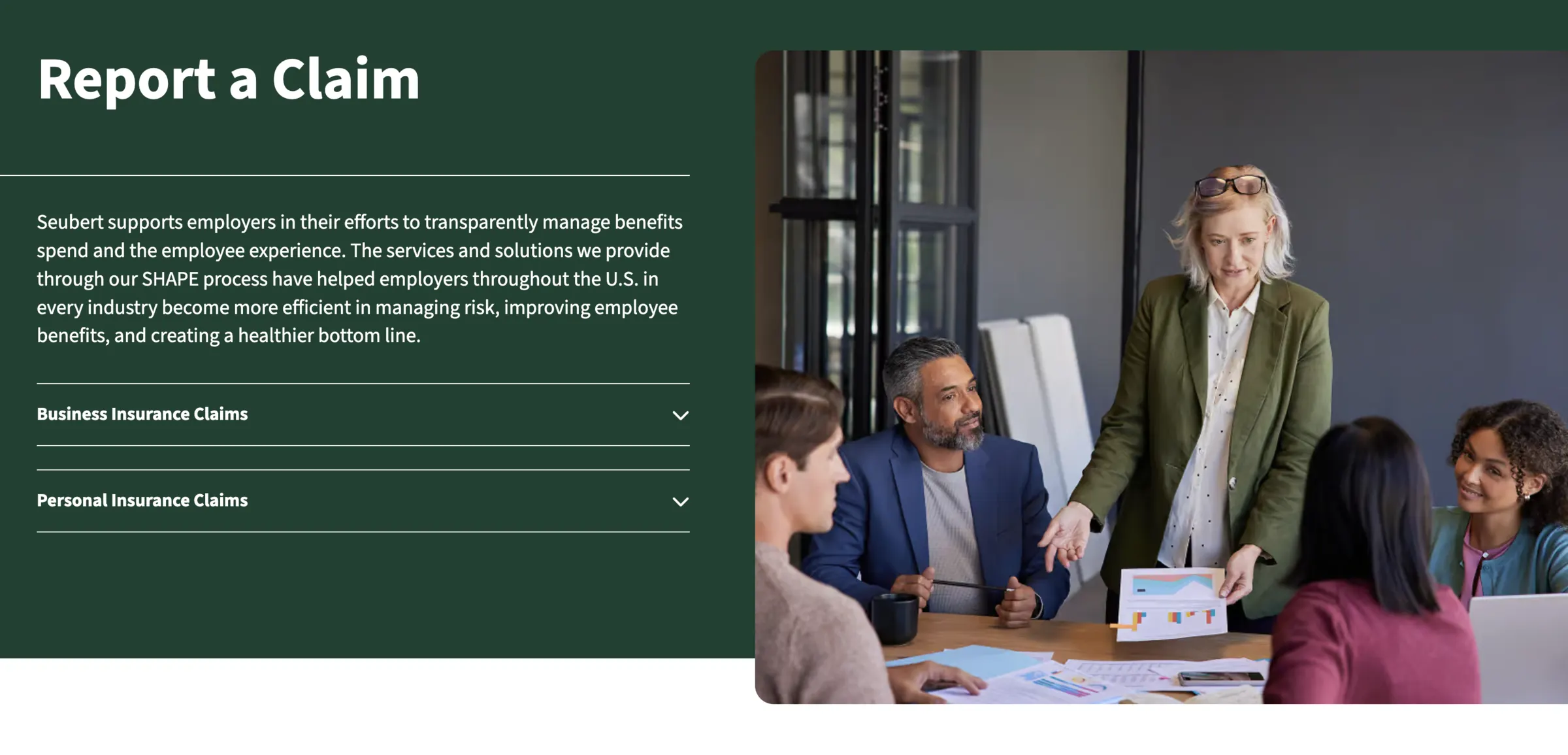 Report a Claim — business and personal claim paths, each behind its own accordion.