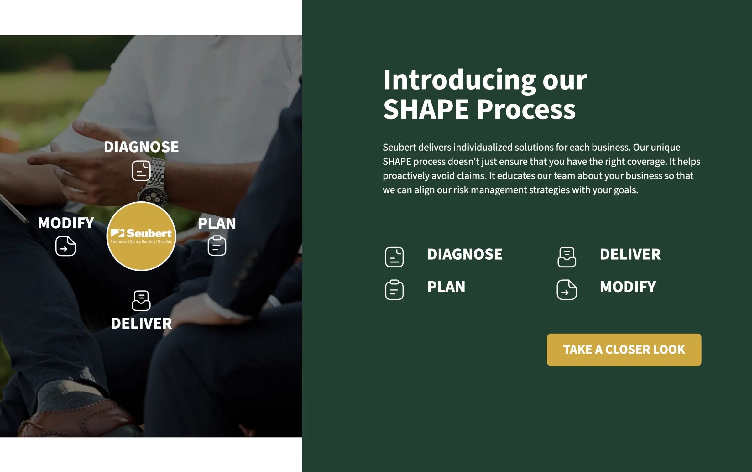 The SHAPE process: diagnose, plan, deliver, modify, drawn as a wheel beside its explanation.