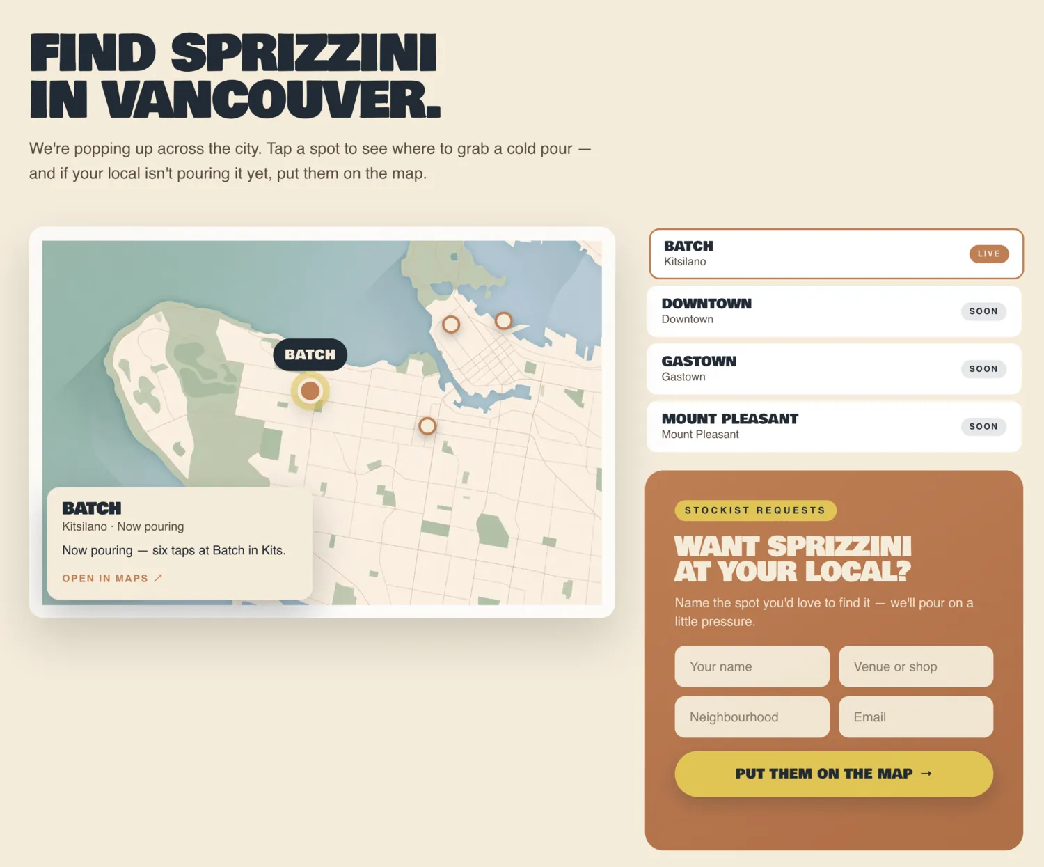 Find Sprizzini in Vancouver — a map of the taps with a form to request your local.