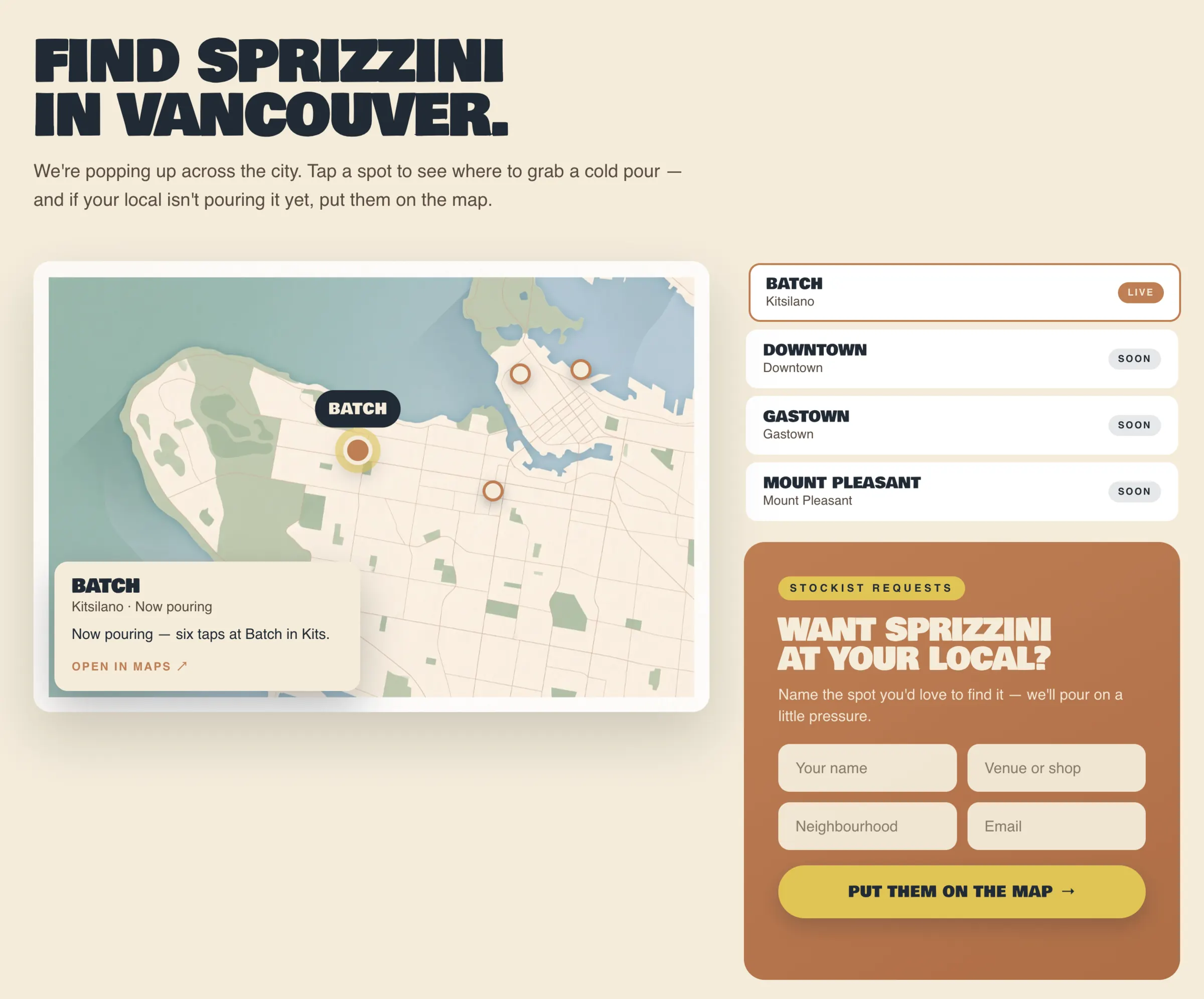 Find Sprizzini in Vancouver — a map of the taps with a form to request your local.