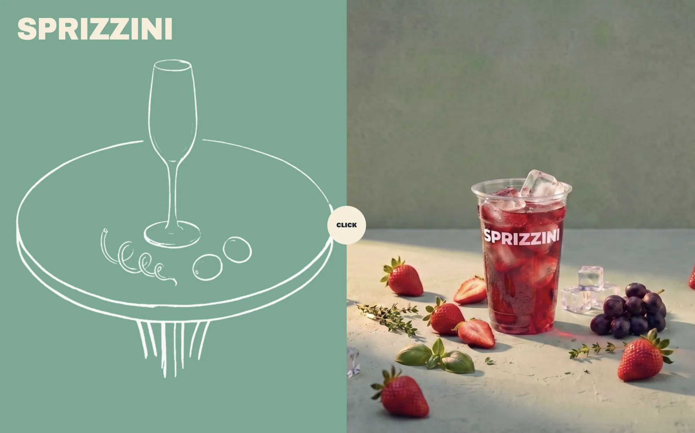 The Sprizzini homepage — a hand-drawn coupe on a sea-green field beside a photographed Strawberry Sbagliato.