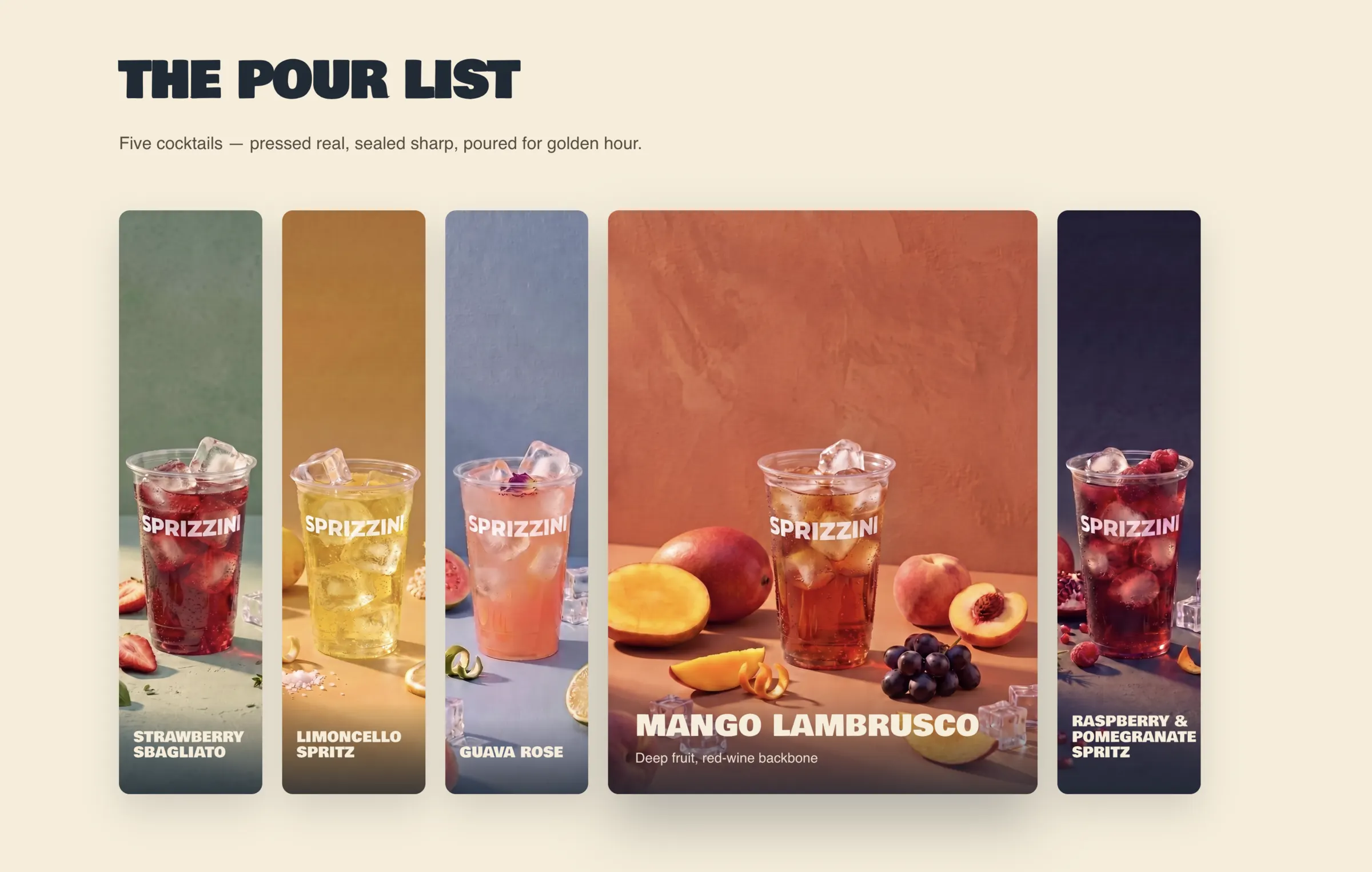 The pour list — five cocktails as colour panels that open on hover.