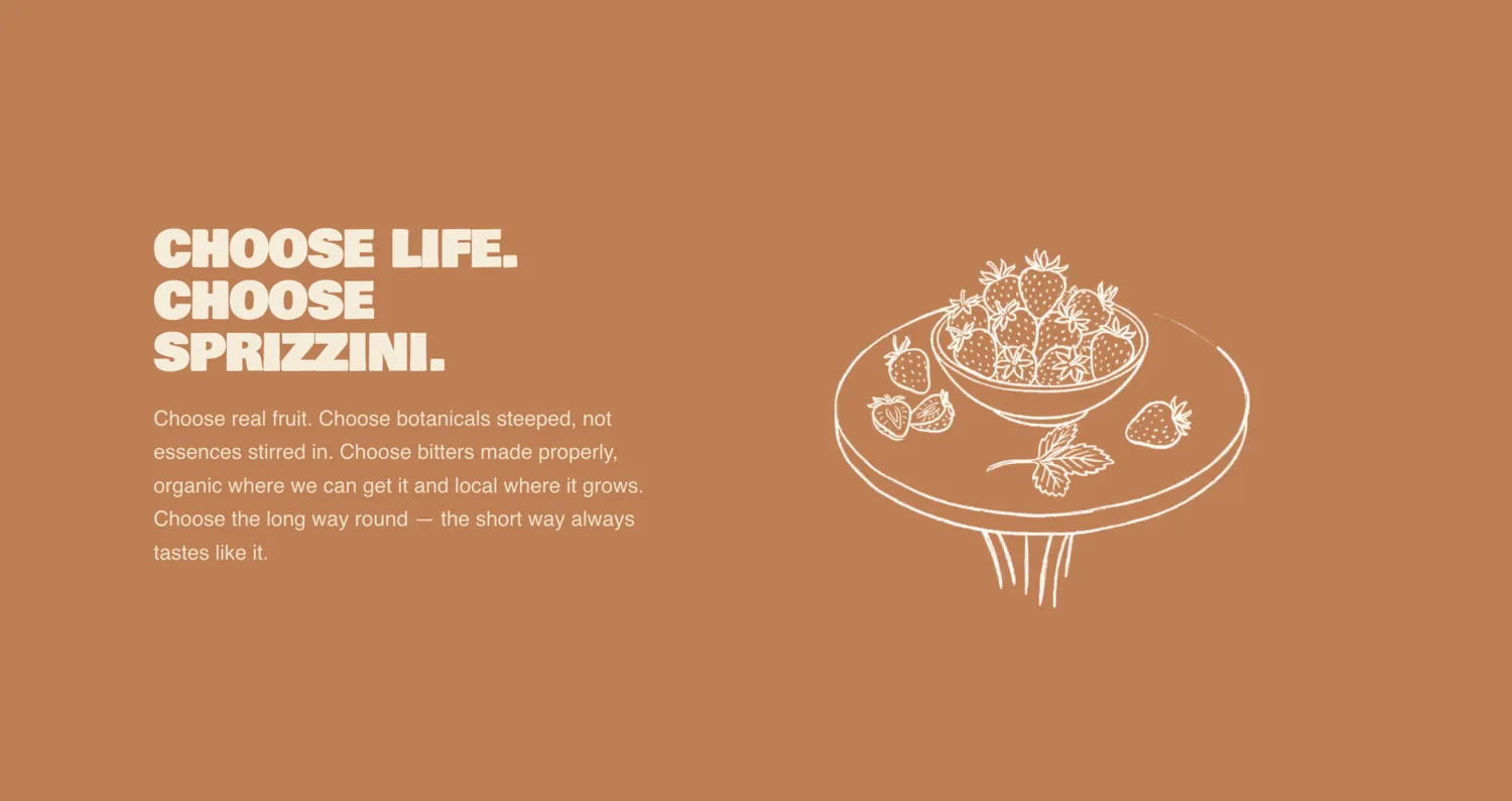 “Choose life. Choose Sprizzini.” set on the terracotta field with a line-drawn bowl of strawberries.