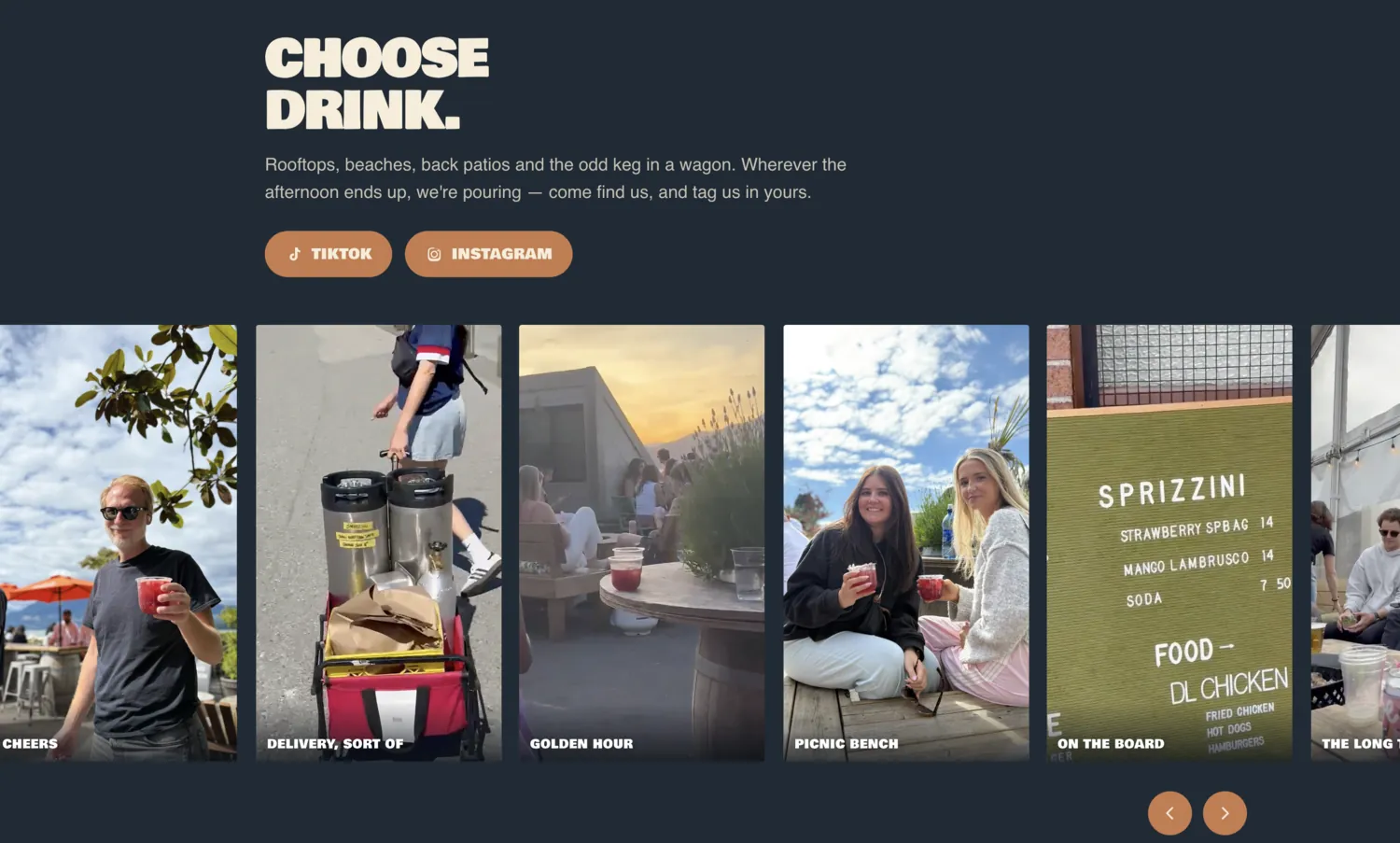 The social wall: a rotating “Choose ___” headline over a strip of real footage from the taps.