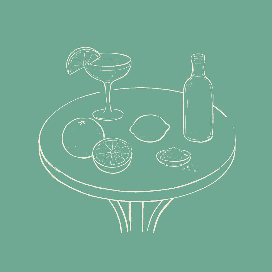 Line drawing of the Salted Grapefruit Limoncello ingredients on a café table