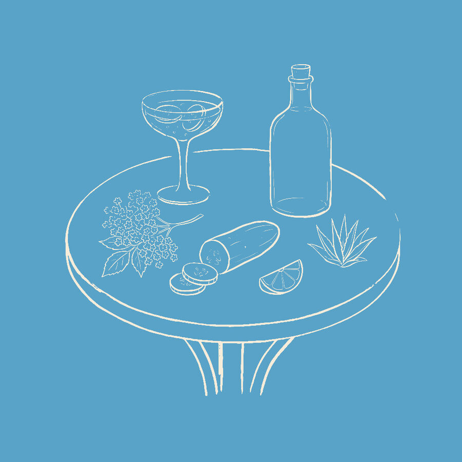 Line drawing of the Tequila Hugo Spritz ingredients on a café table